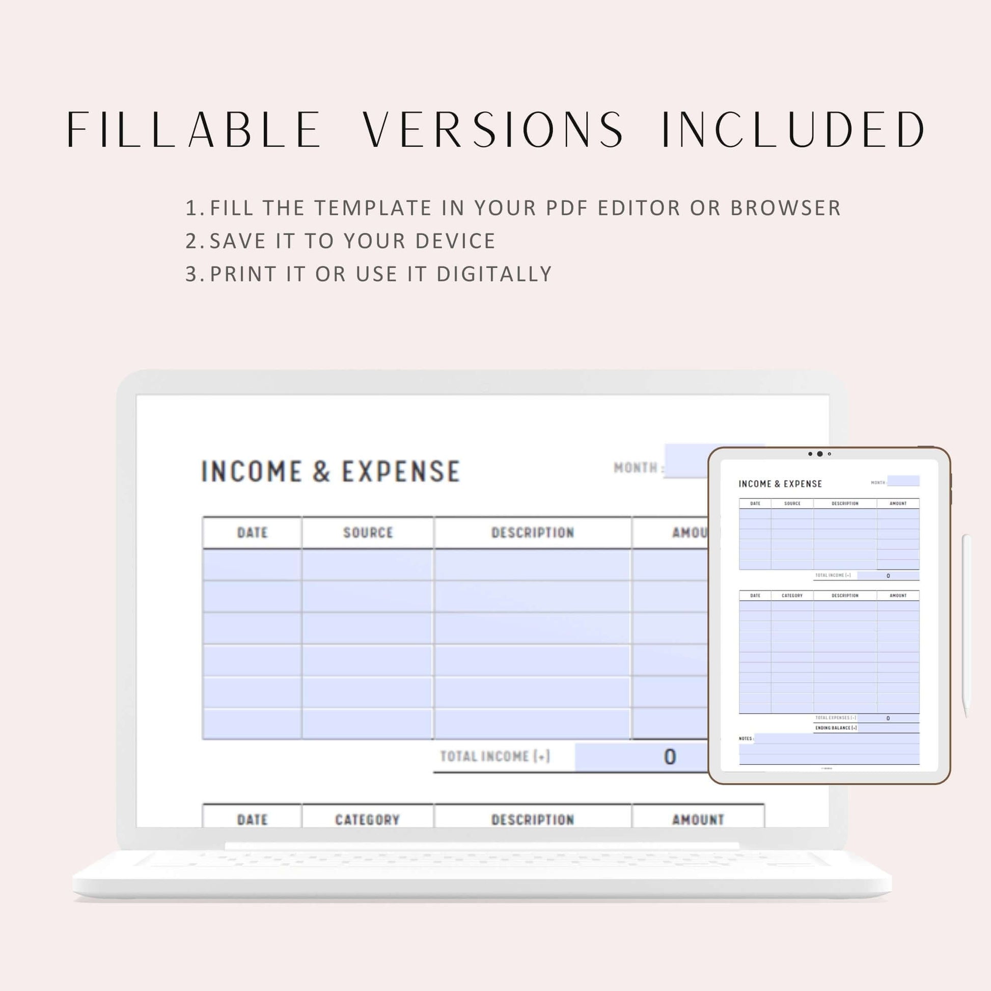 Income and Expense Tracker, A4, A5, Letter, Half Letter, PDF, 2 versions, PDF, Fillable versions