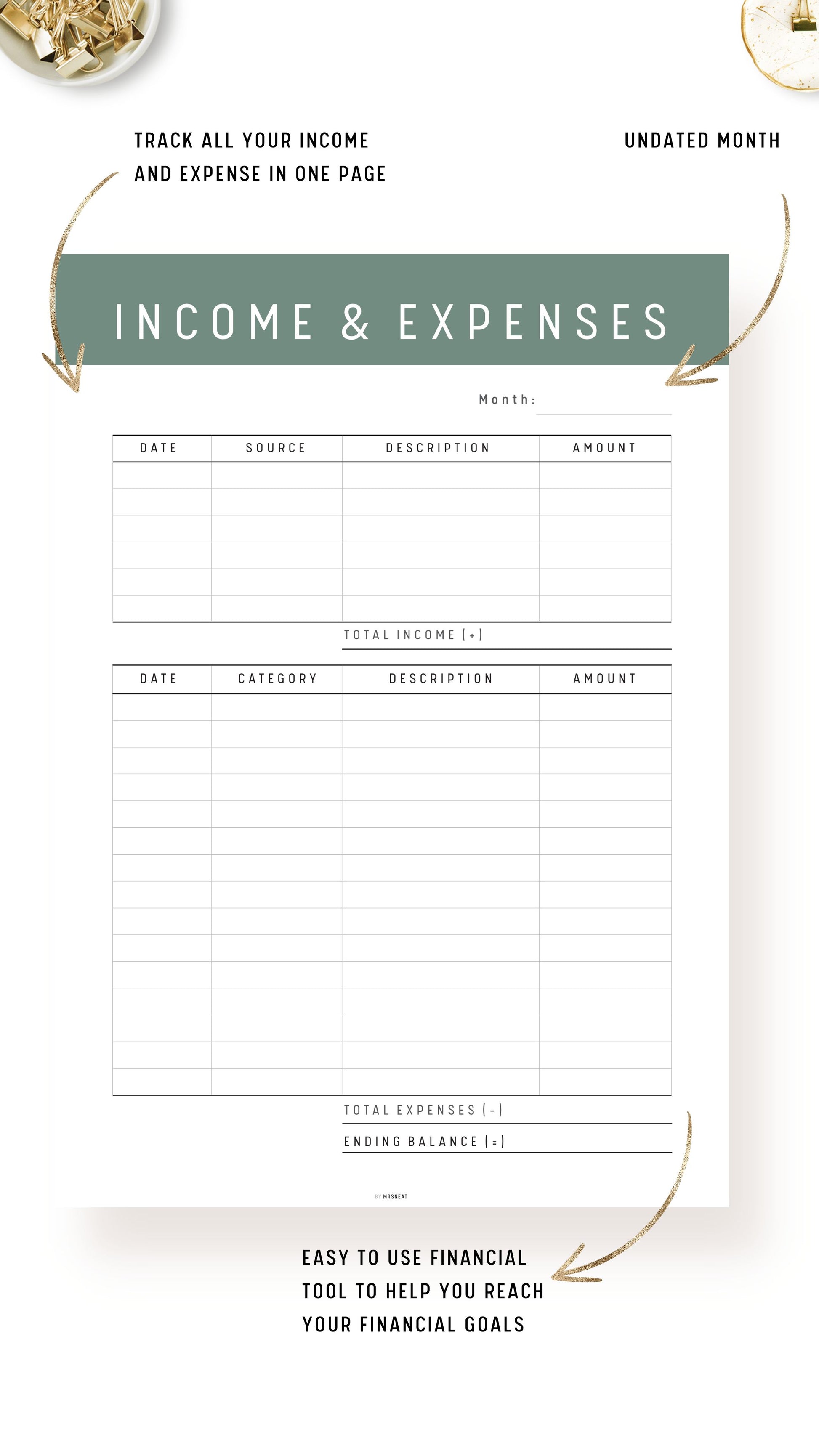 Sprout Income and Expenses Tracker Template Printable