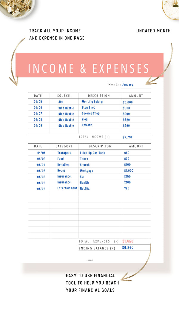 Income & Expense Tracker Planner Printable in 10 color options