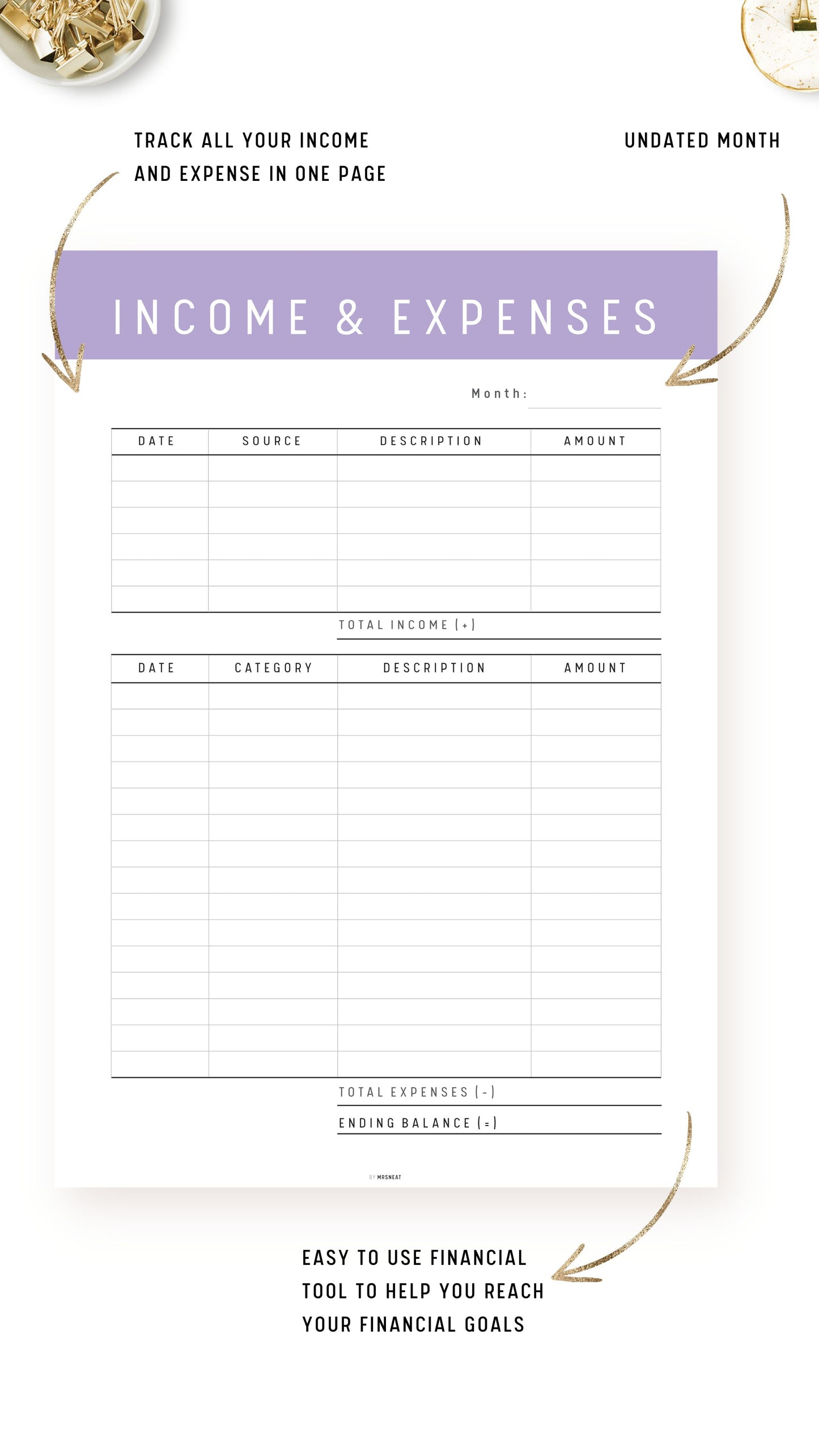 Violet Income and Expenses Tracker Template Printable