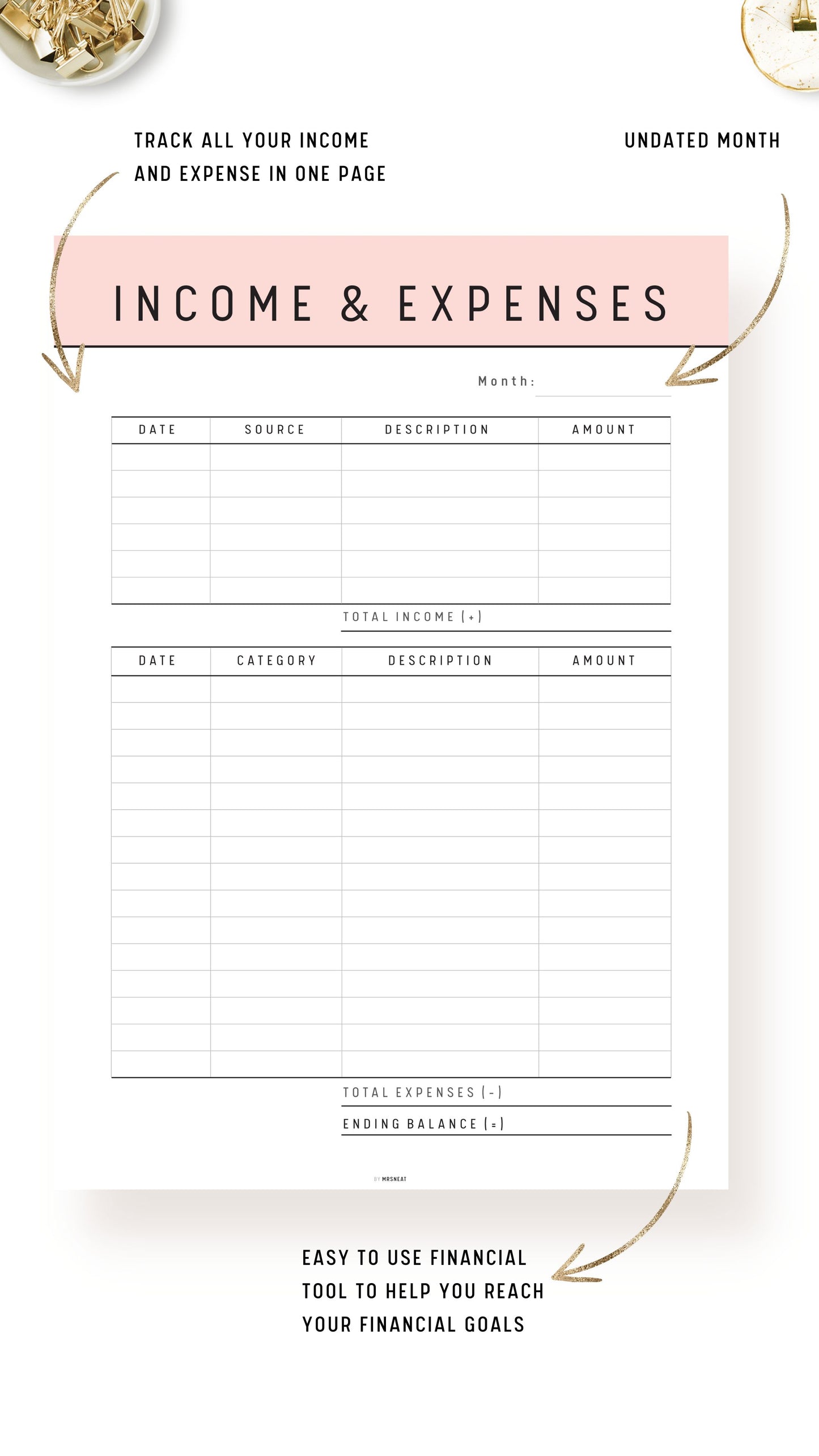 Sequin Income and Expenses Tracker Template Printable