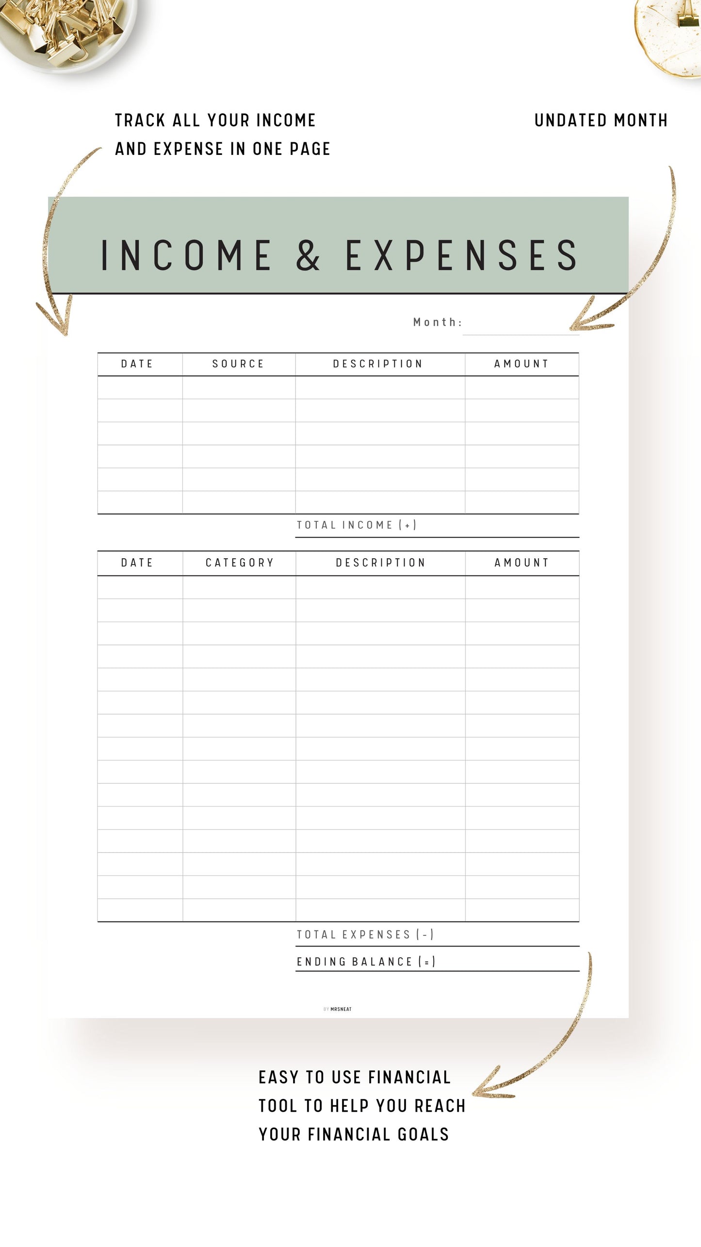 Tea Green Income and Expenses Tracker Template Printable