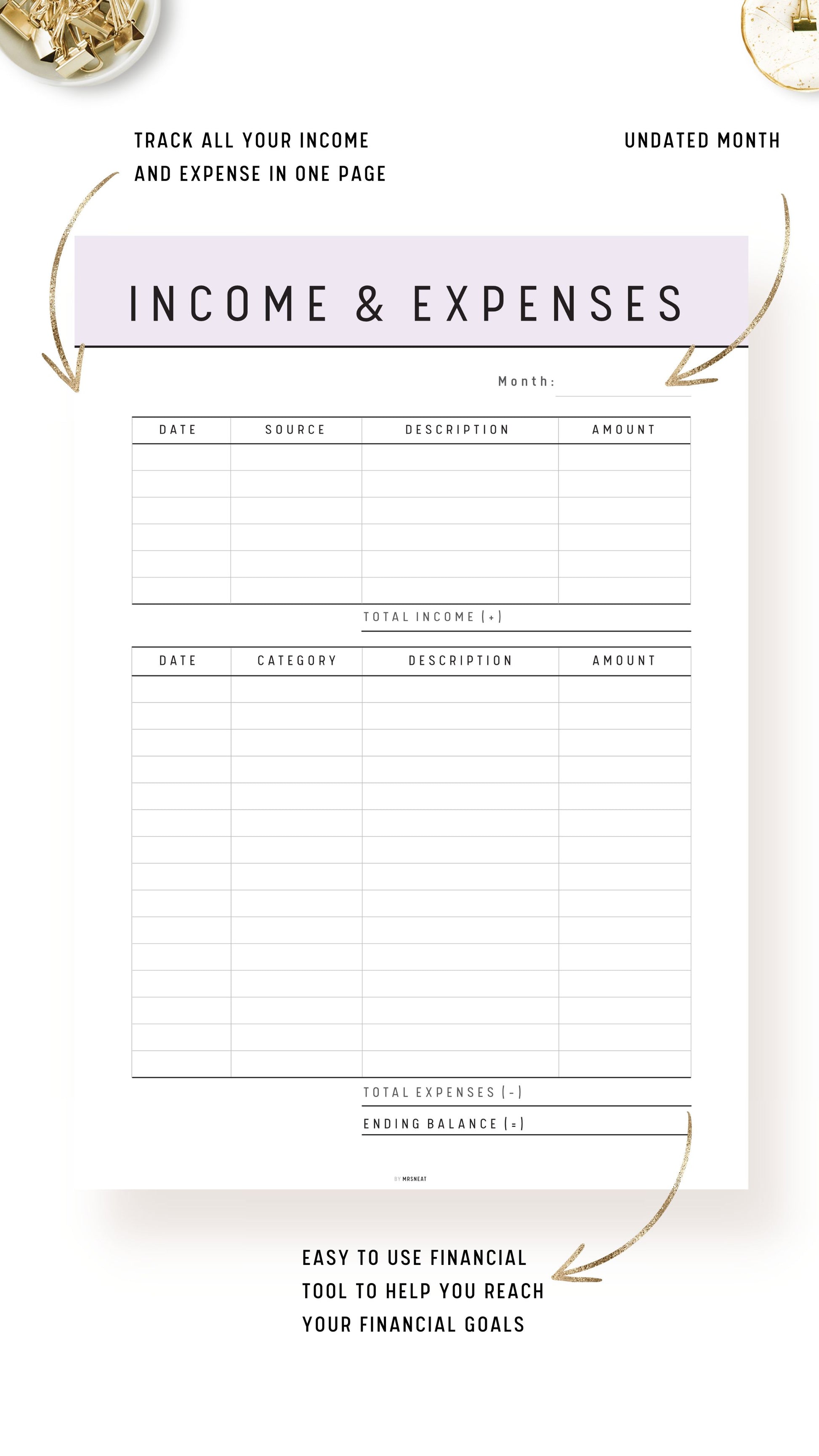 Lavender Income and Expenses Tracker Template Printable