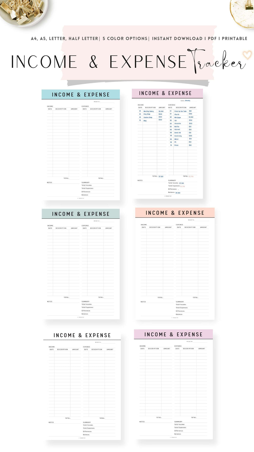 Income and Expense Tracker on One Page Printable - M279 – mrsneat