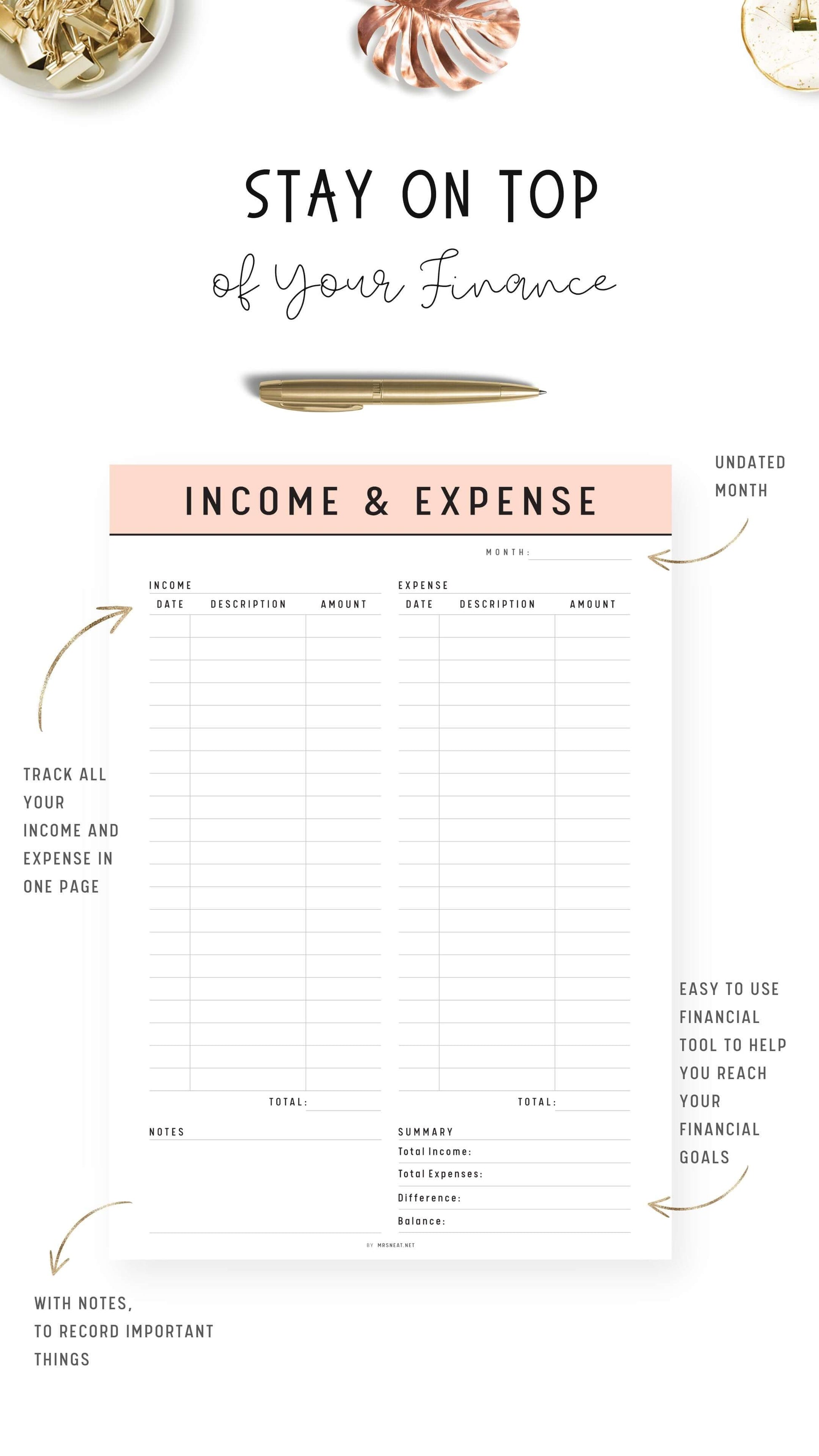 Income and Expense Tracker on One Page