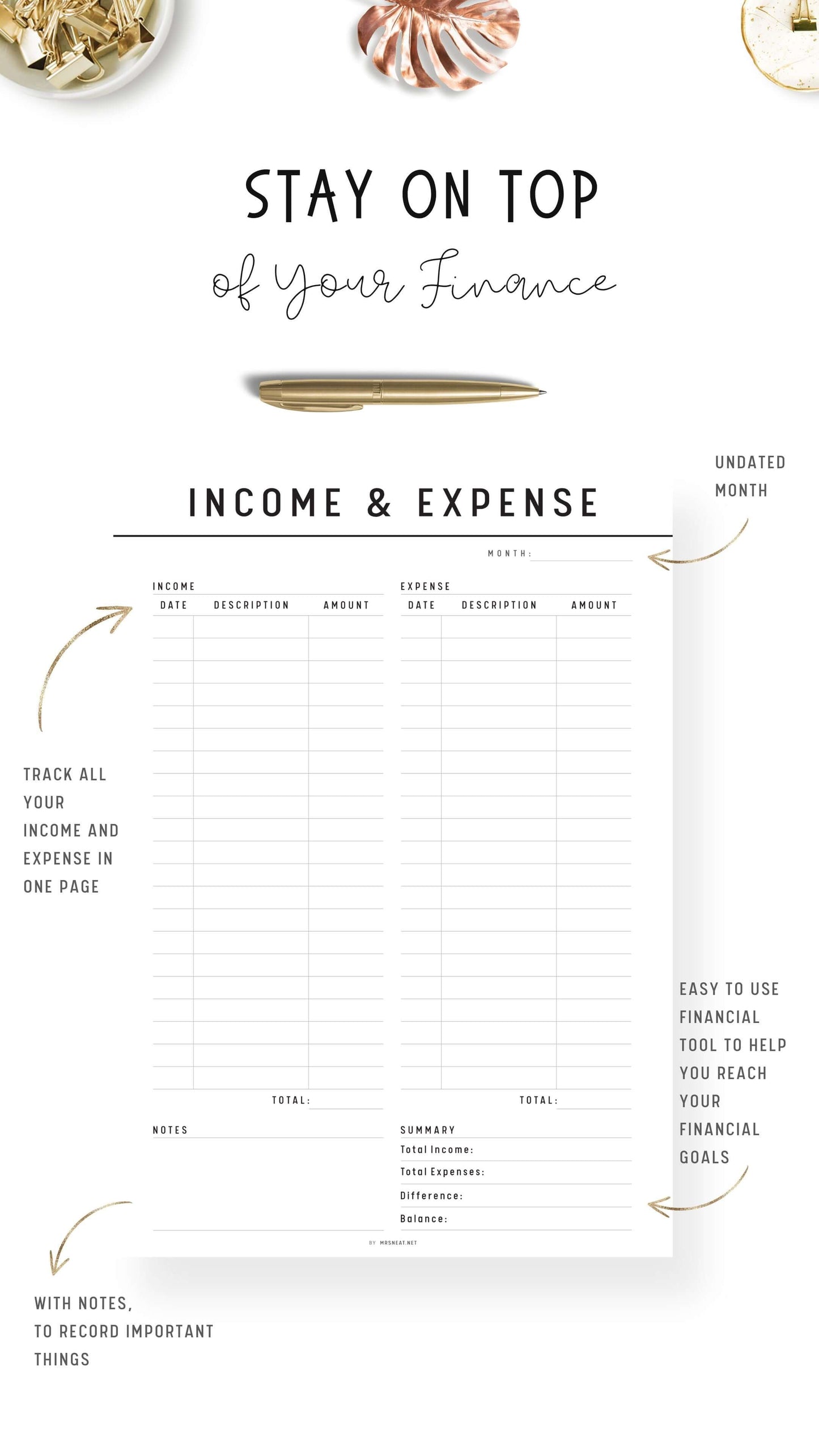 Income and Expense Tracker on One Page