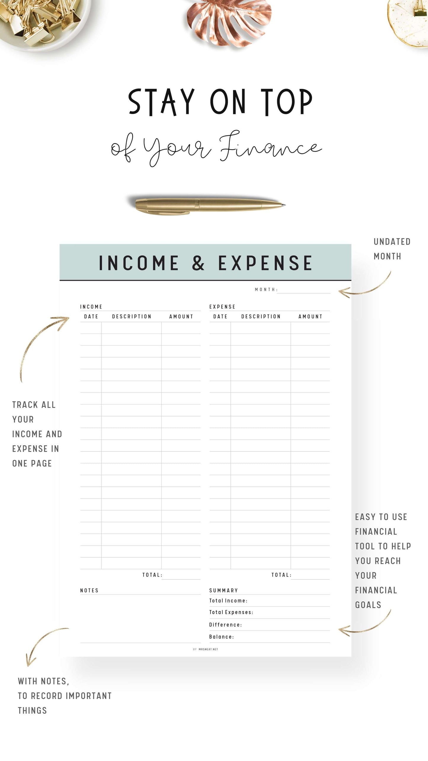 Income and Expense Tracker on One Page