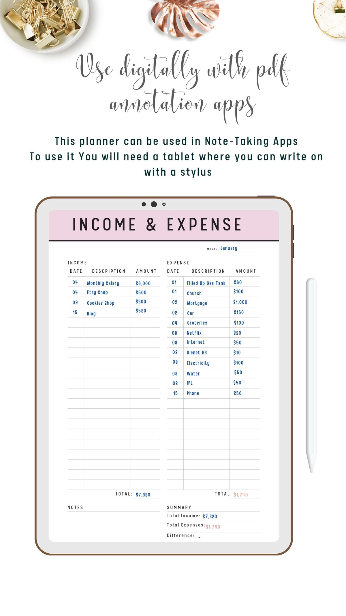 Income and Expense Tracker on One Page Printable - M279 – mrsneat
