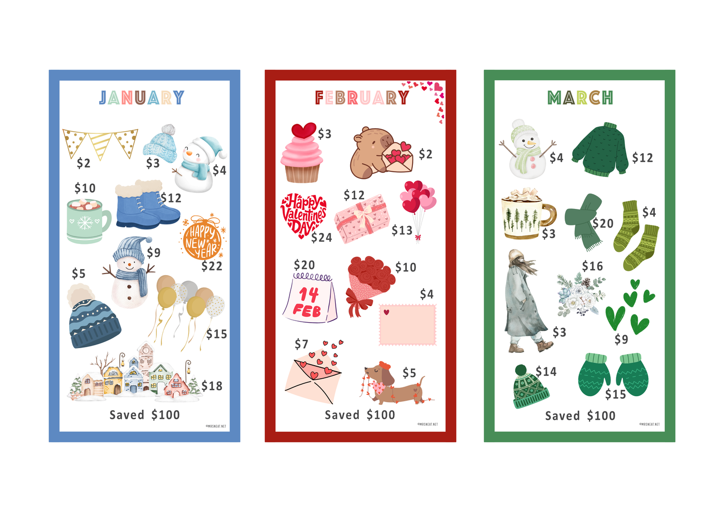 Three colorful educational charts for January, February, and March on a white background.
