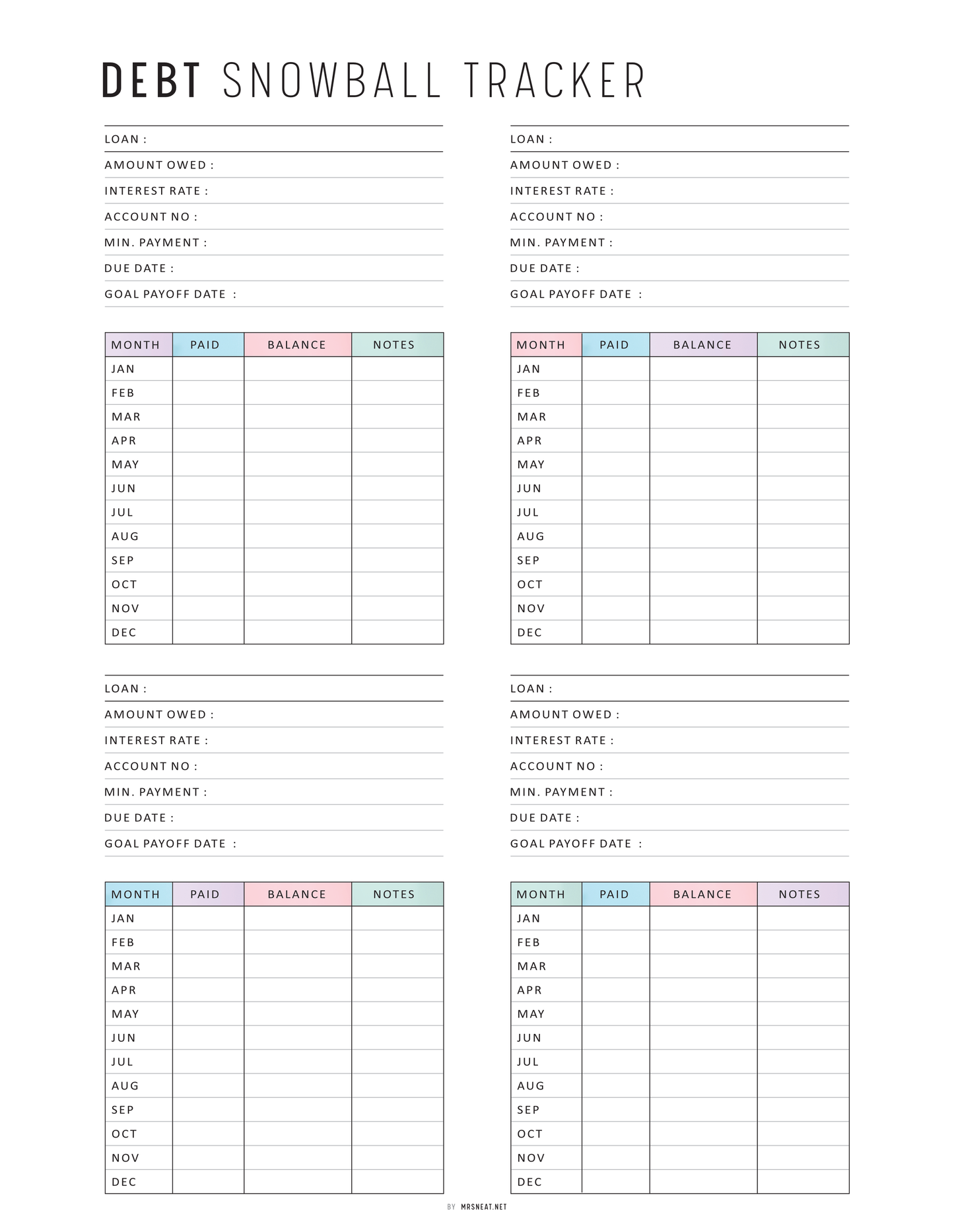 Debt Snowball Tracker Sheet, Printable, A4, A5, Letter, Half Letter, PDF, Digital Planner, 2 Colors, Instant Download