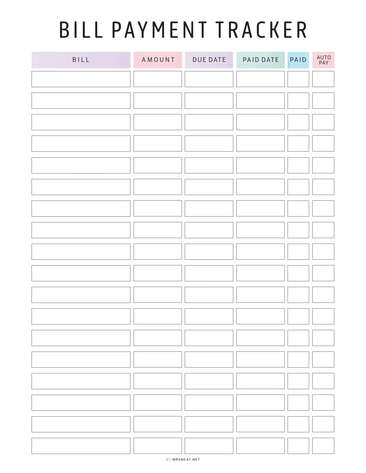 Colorful Editable Bill Payment Tracker, Digital and Printable Planner, 2 color options