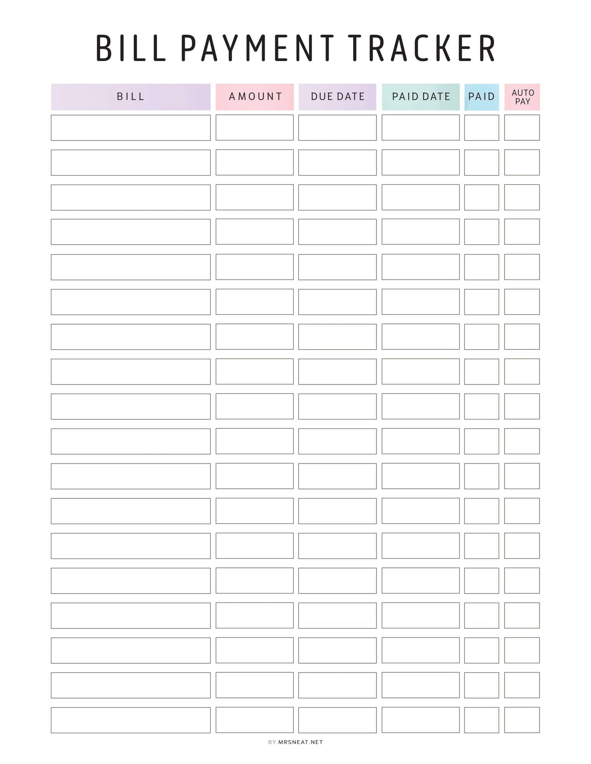 Colorful Editable Bill Payment Tracker, Digital and Printable Planner, 2 color options