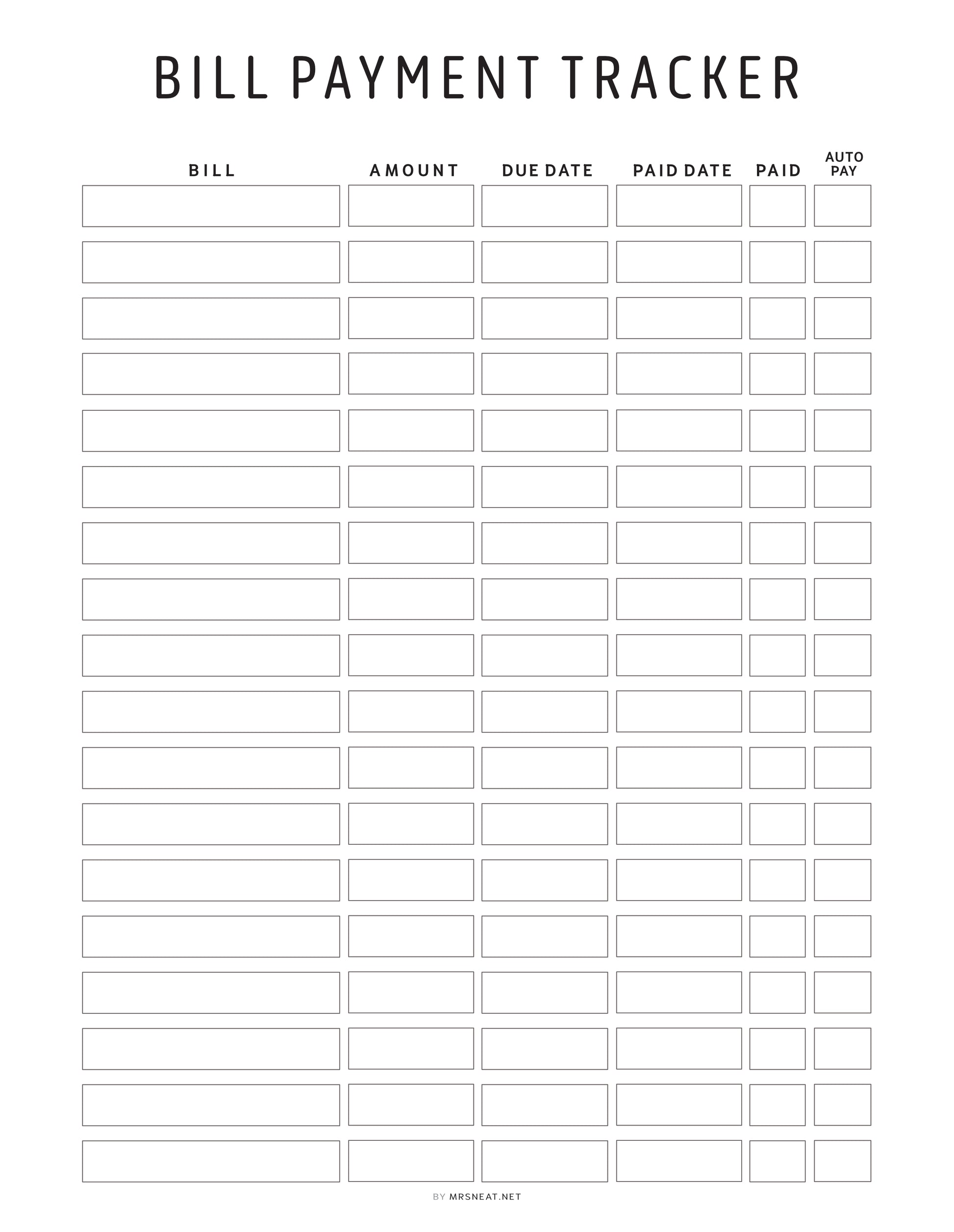 Bill Payment Tracker form with columns for bill name, amount, due date, paid date, and auto pay.
