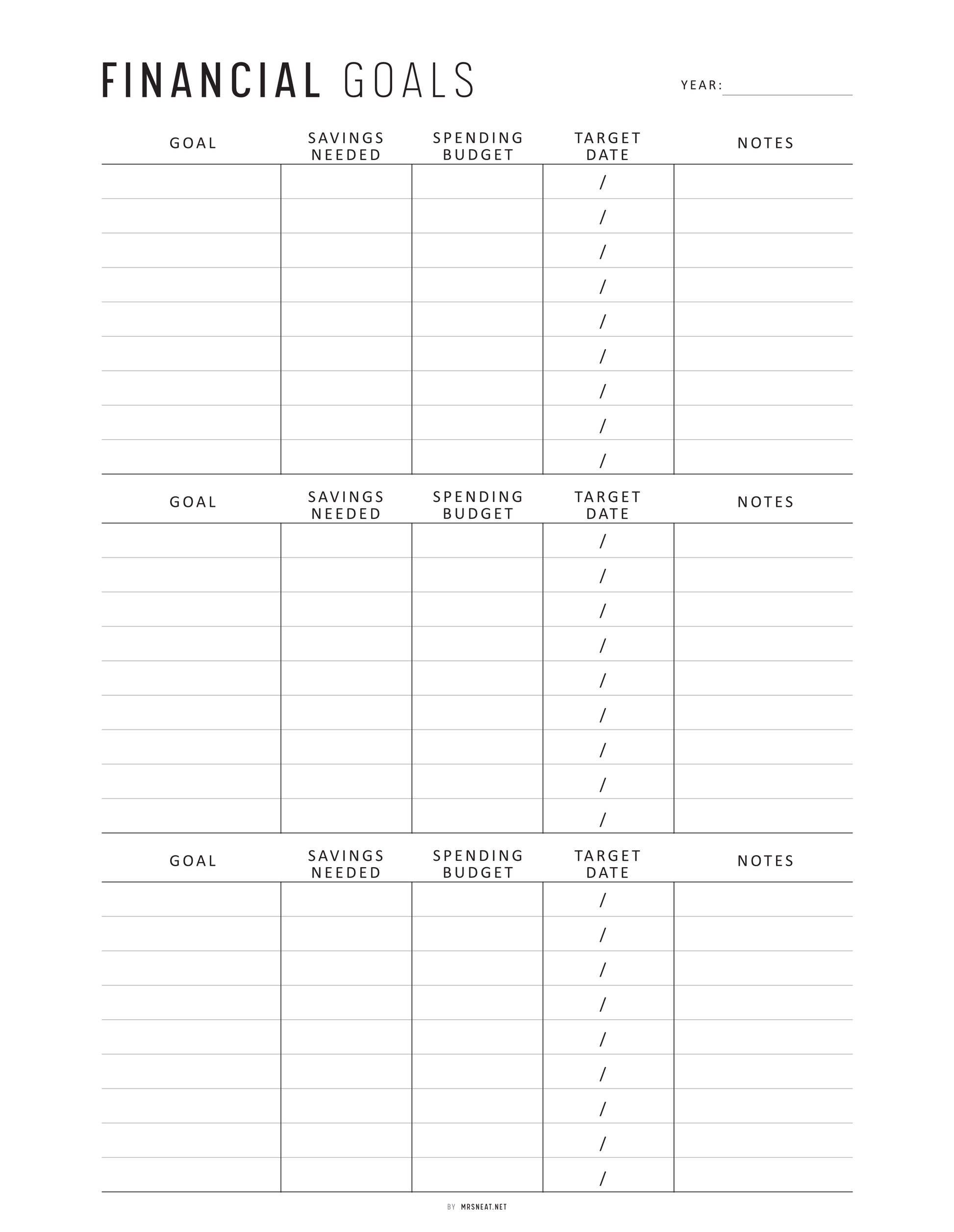 Financial Goals Printable, A4, A5, Letter, Half Letter, Minimalist and Colorful Page