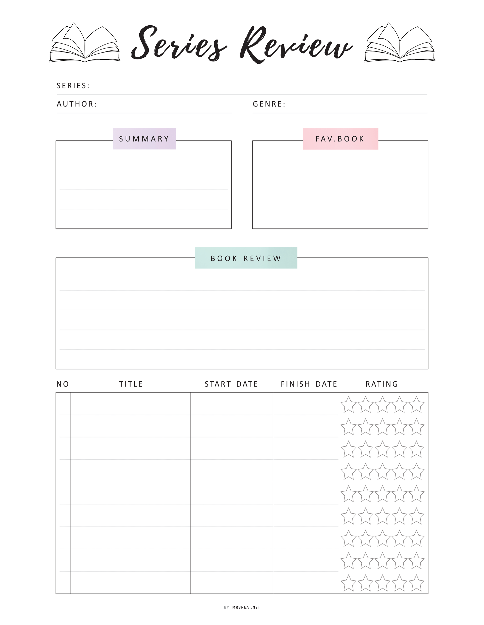 Blank sheet for series review with sections for author, genre, summary, book review, and rating.