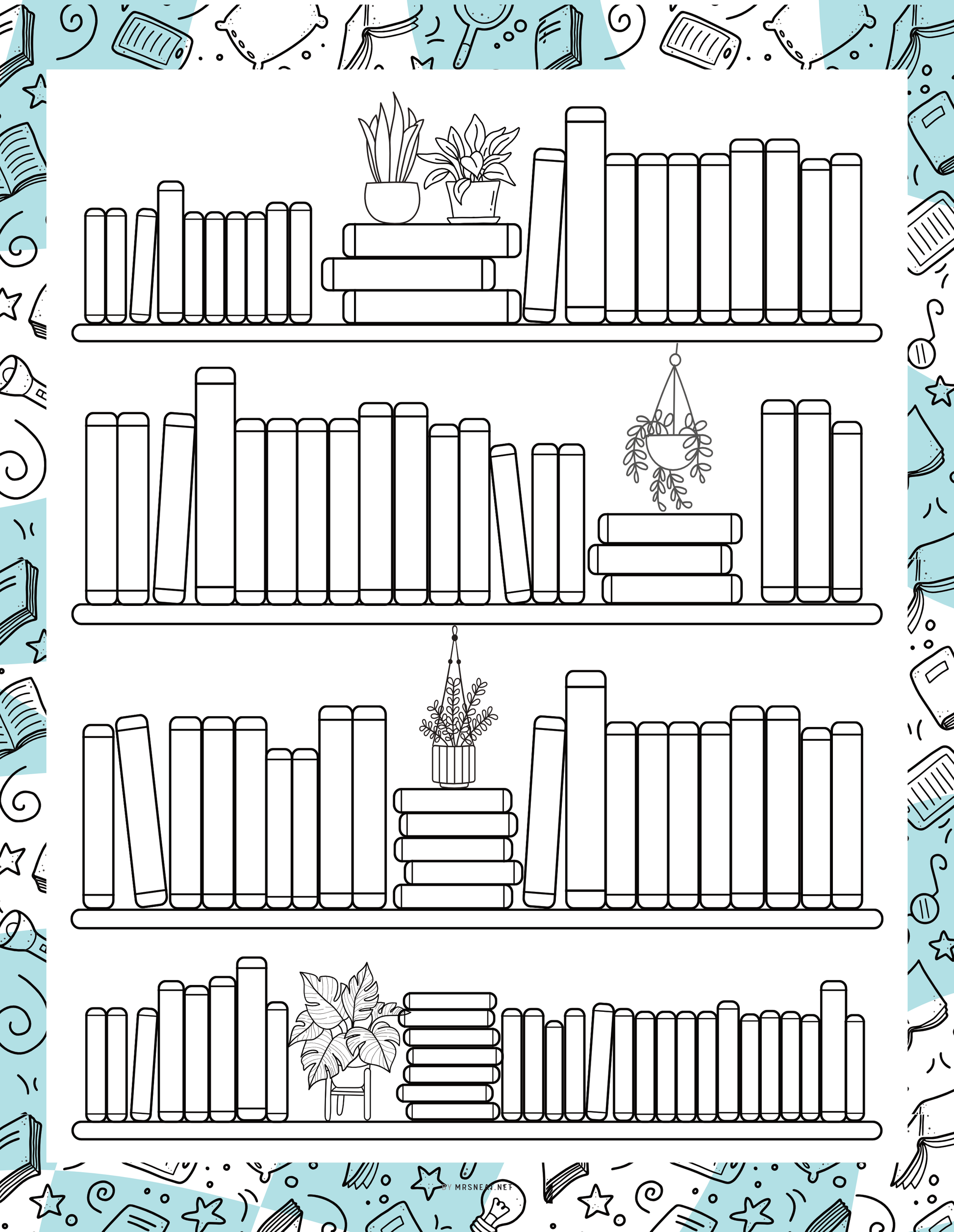 Coloring page with a bookshelf pattern on a white background