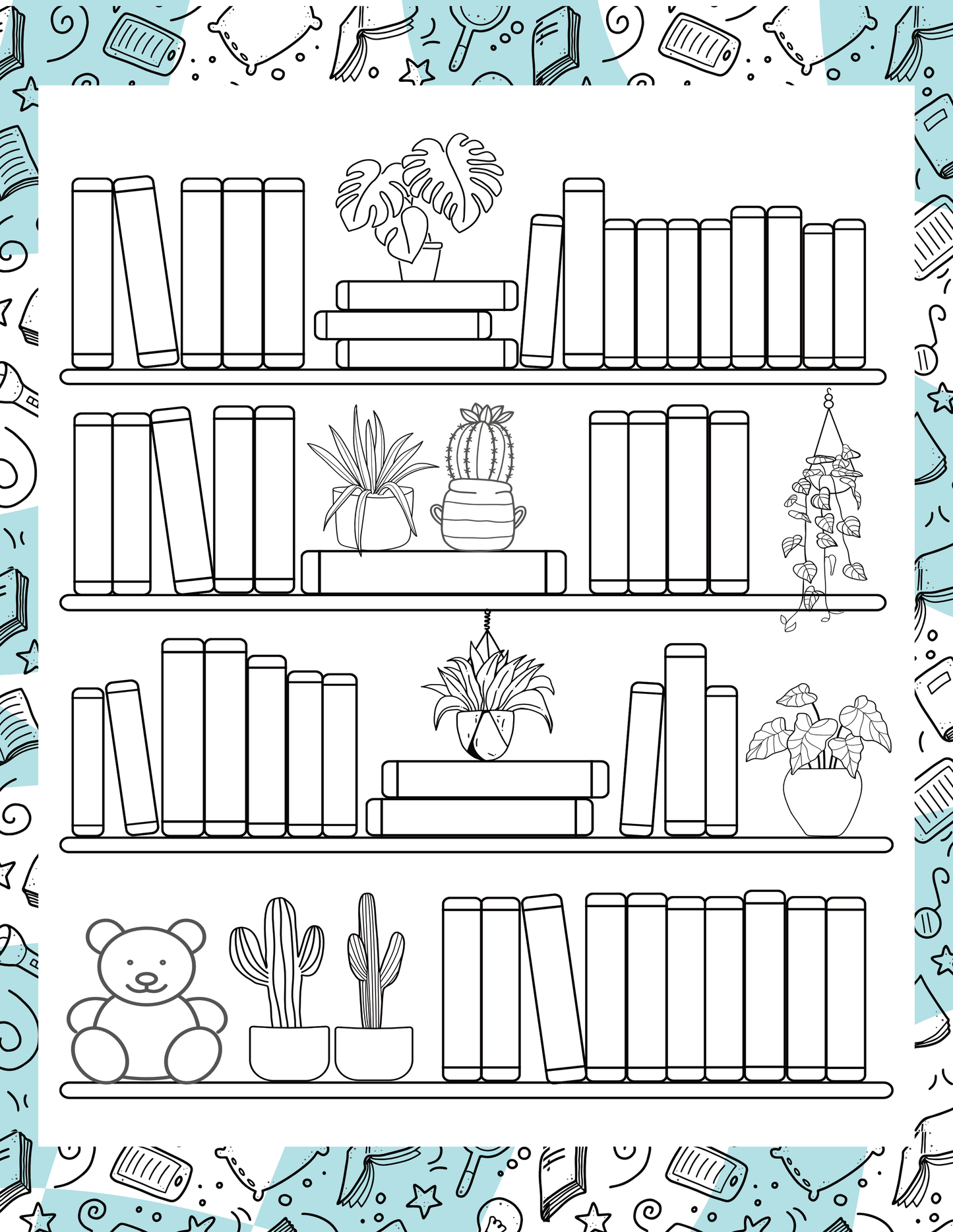 Coloring book page with a shelf of books and plants on a patterned background