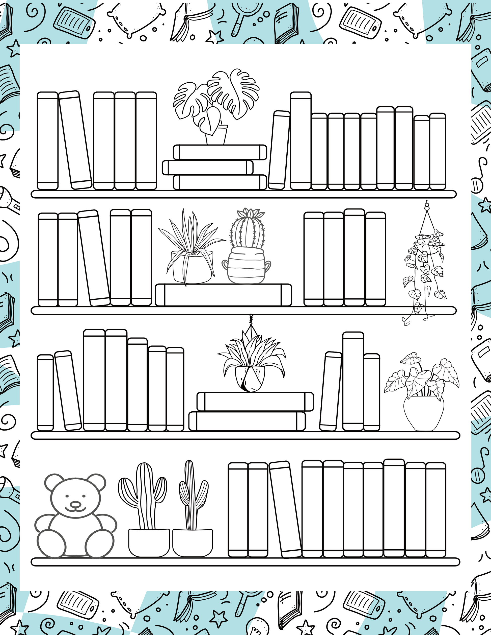 Coloring book page with a shelf of books and plants on a patterned background