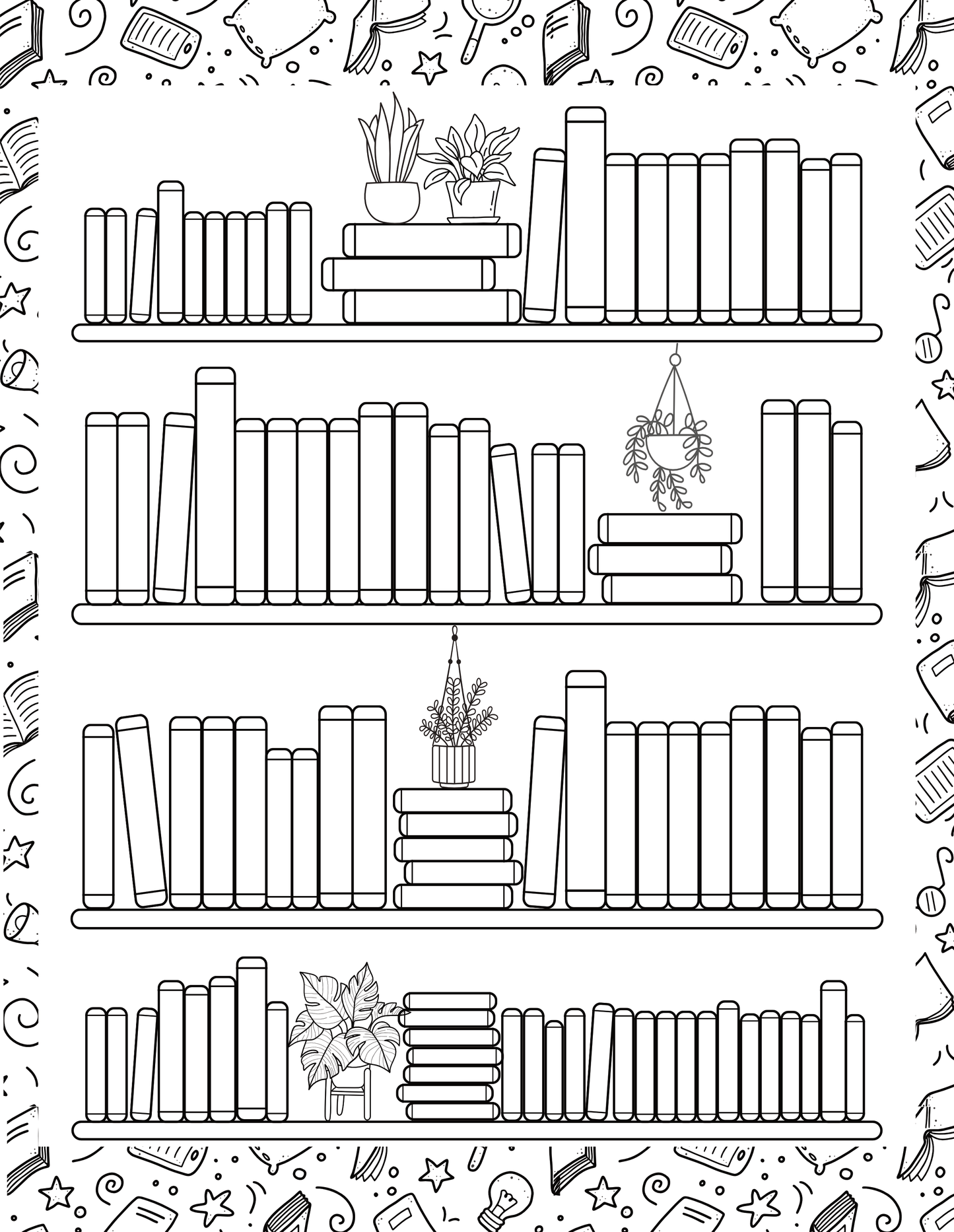 Illustration of a bookshelf with books and decorative elements on a white background