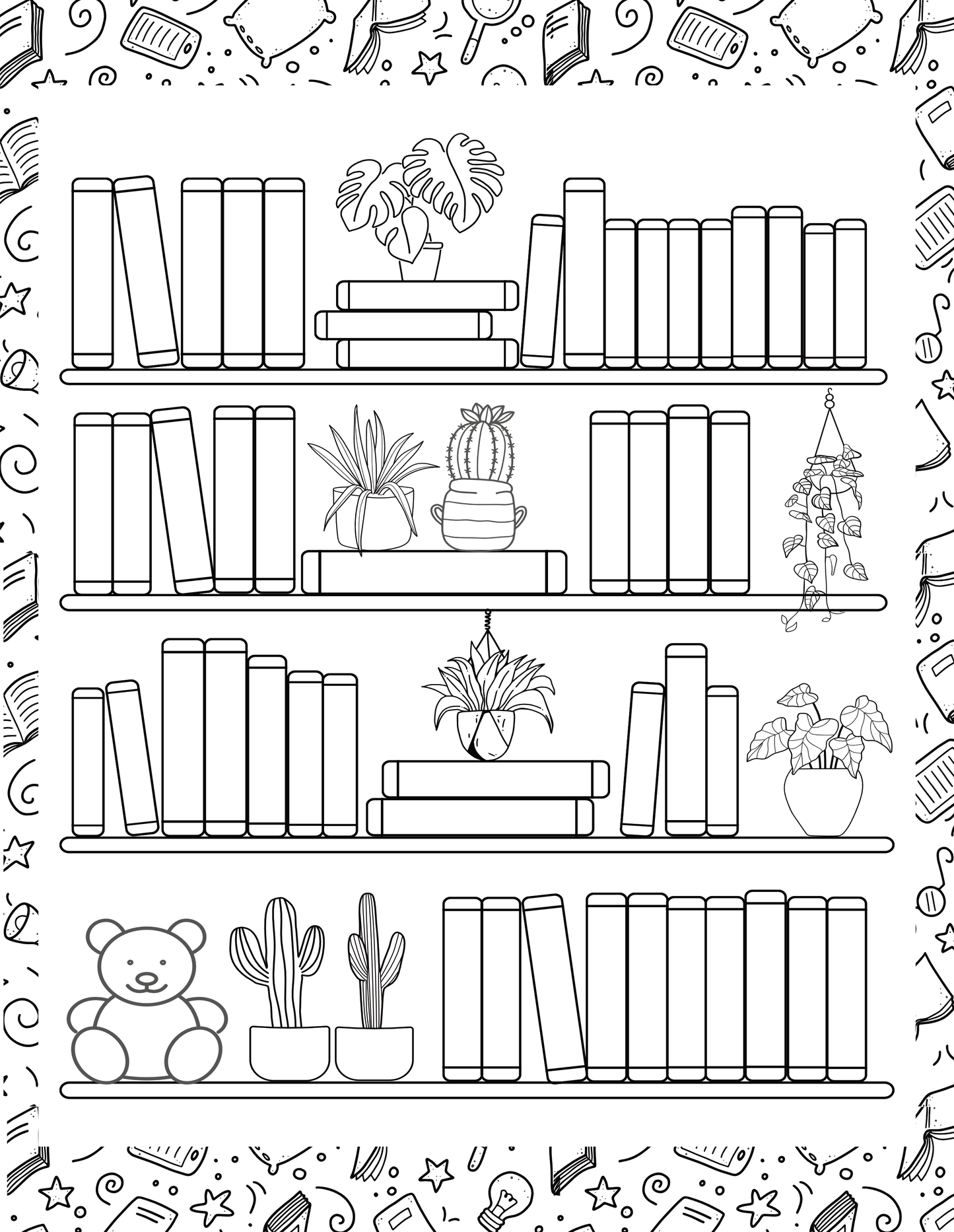 Coloring page with a bookshelf and decorative elements on a white background
