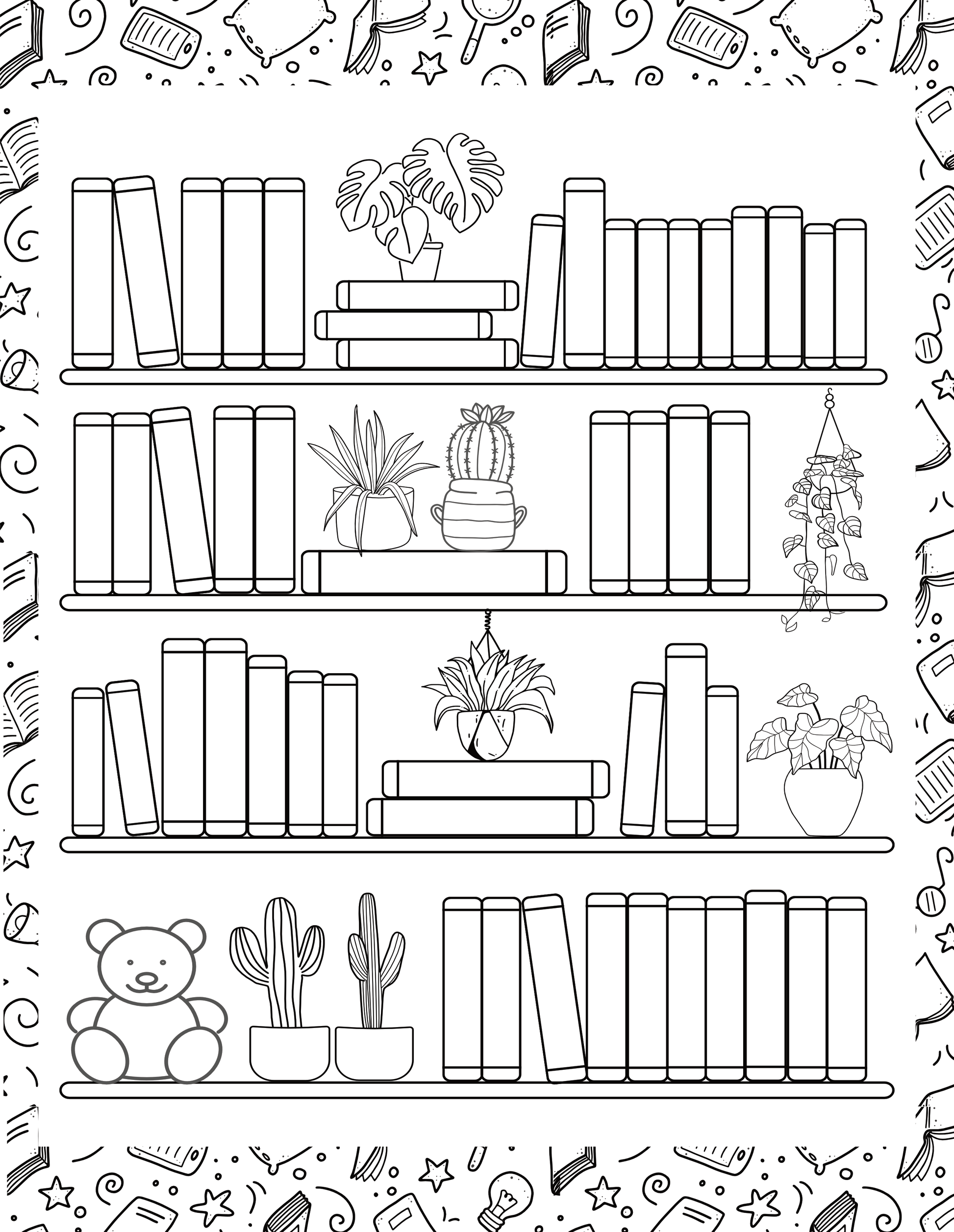 Coloring page with a bookshelf and decorative elements on a white background