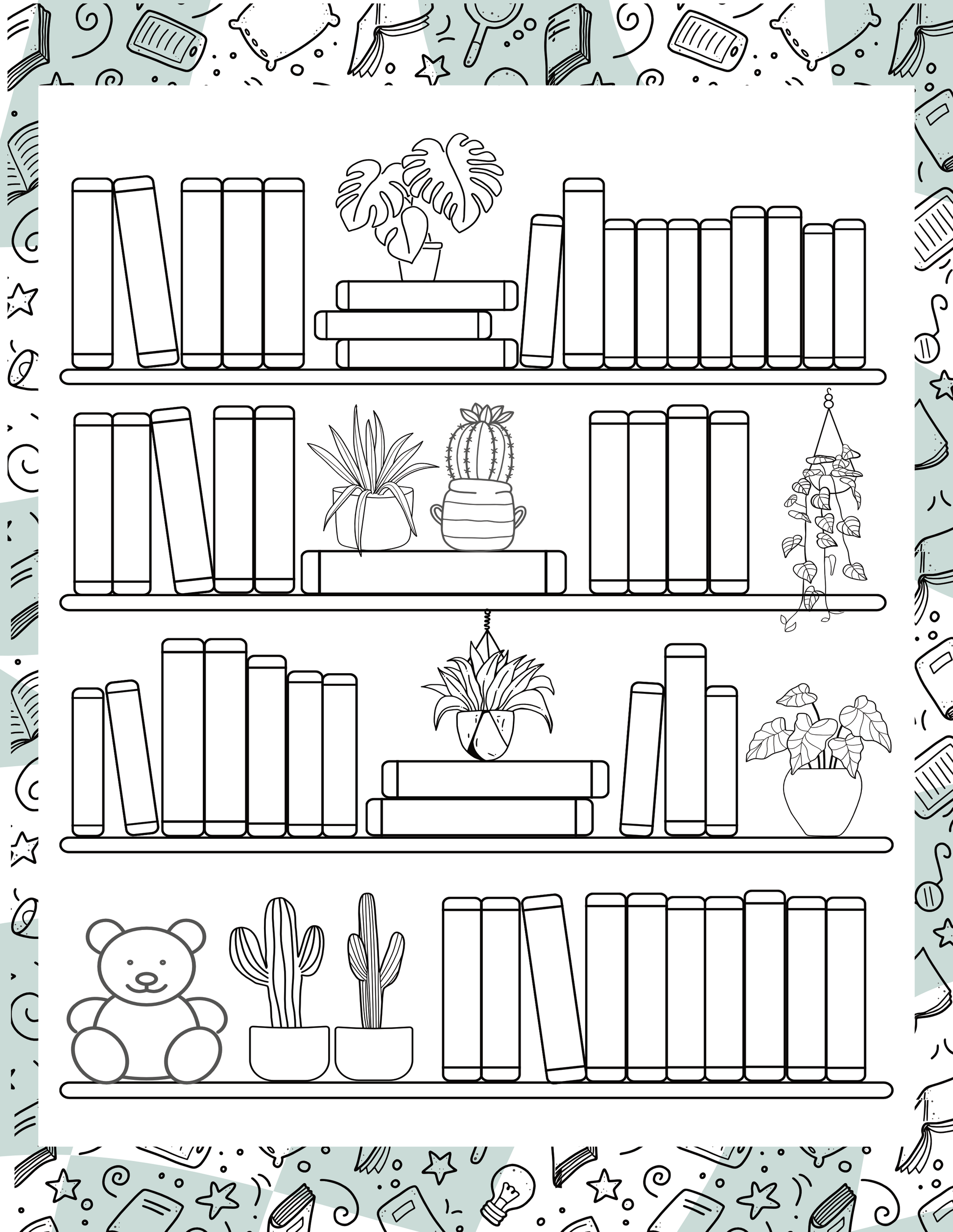 Coloring book page with a shelf of books and plants on a patterned background