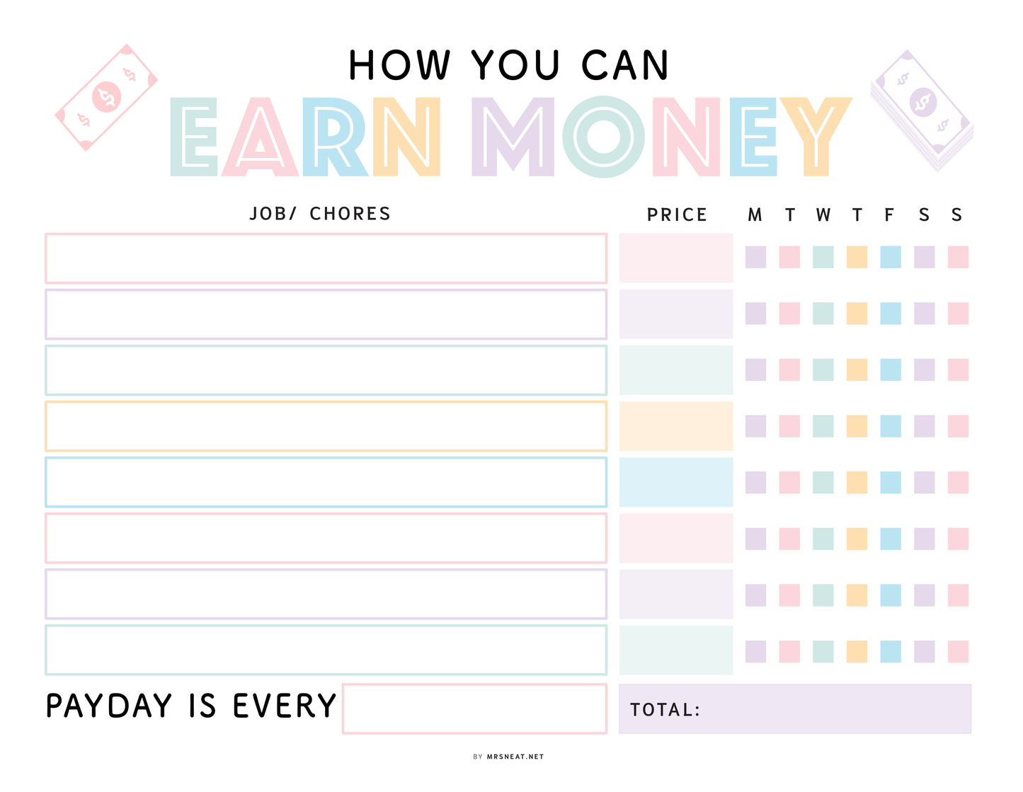 Money management worksheet with checkboxes and days of the week on a pastel background
