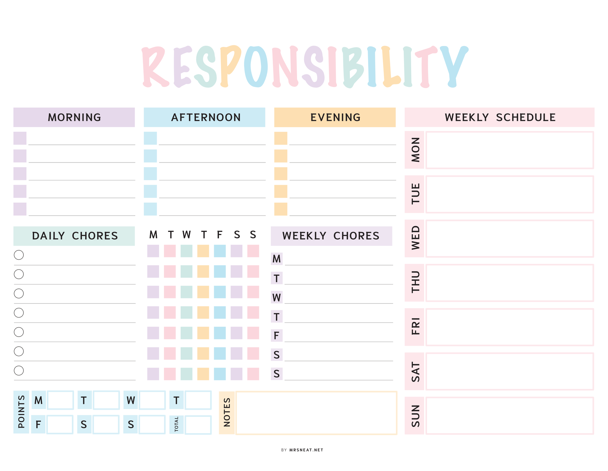 Responsibility chart with daily chores, weekly schedule, and checkboxes for tasks.