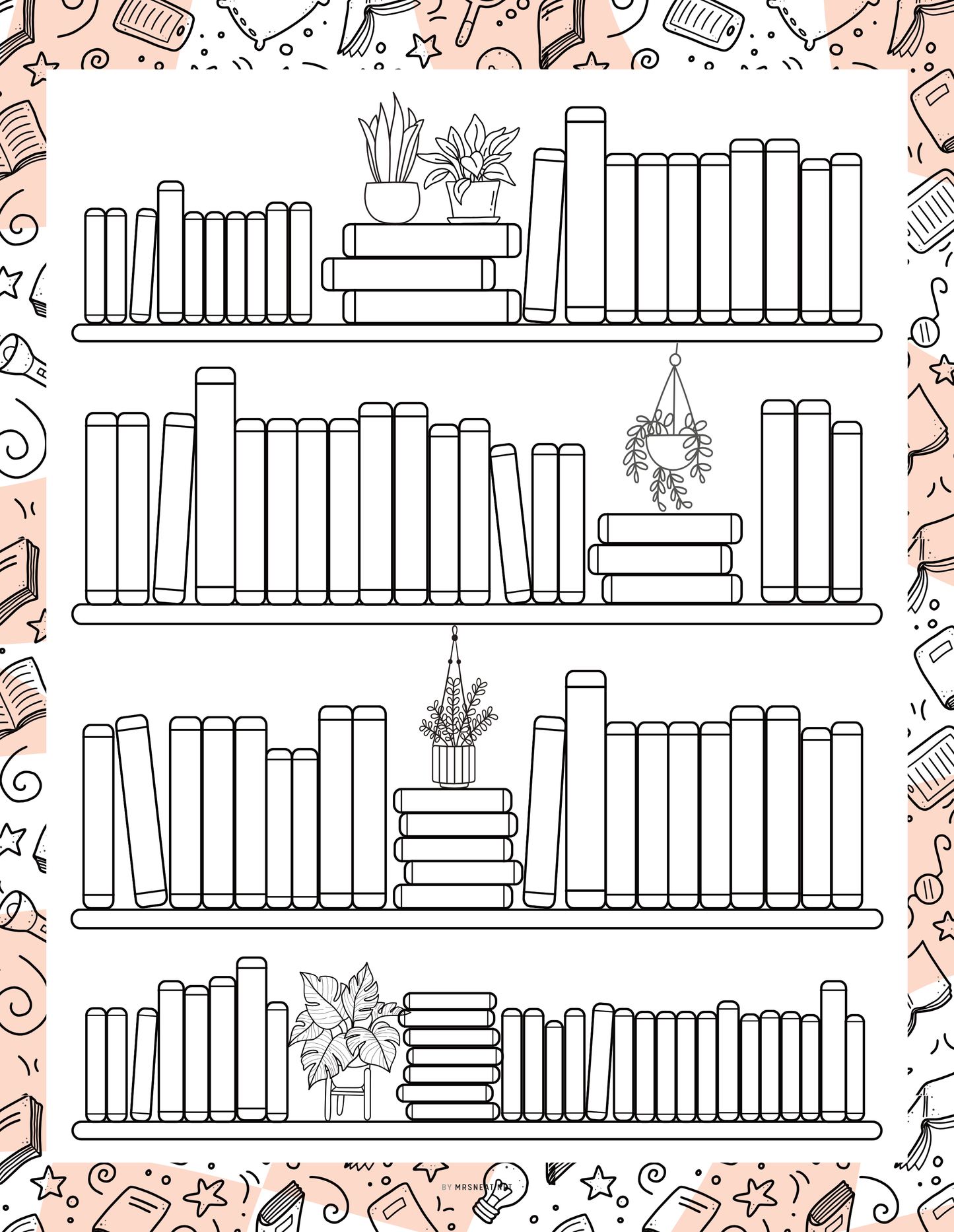 Illustration of a bookshelf with books and decorative elements on a patterned background