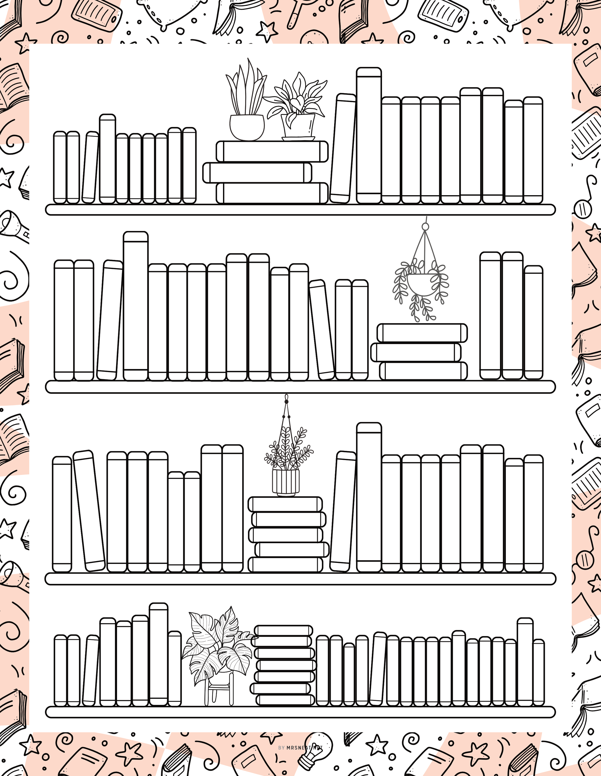 Illustration of a bookshelf with books and decorative elements on a patterned background