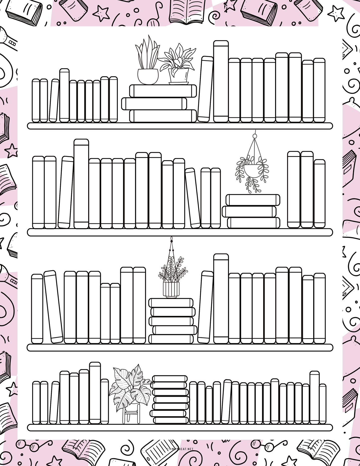 Pattern of bookshelves with books and decorative elements on a pink background