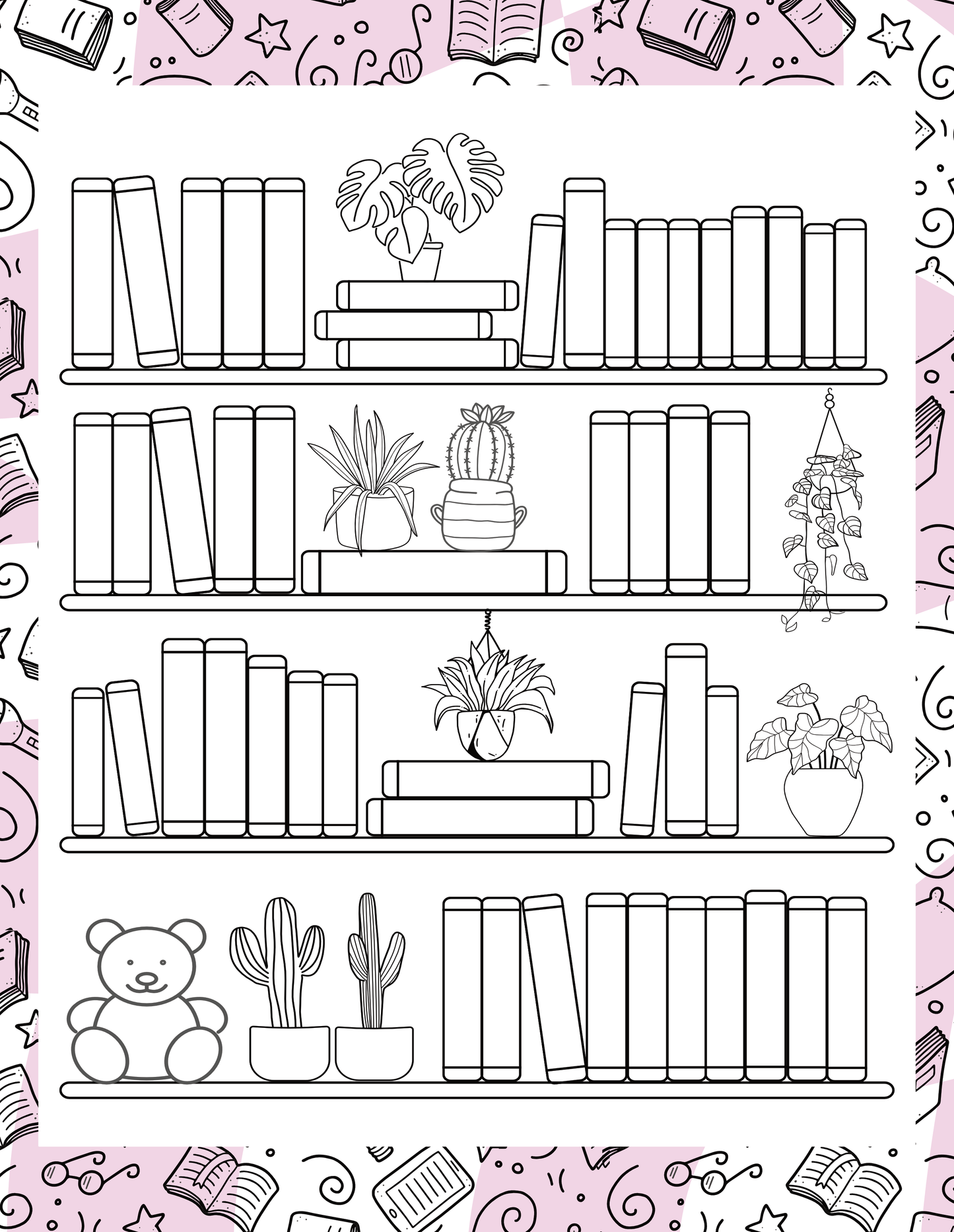 Coloring book page with a bookshelf design on a pink background