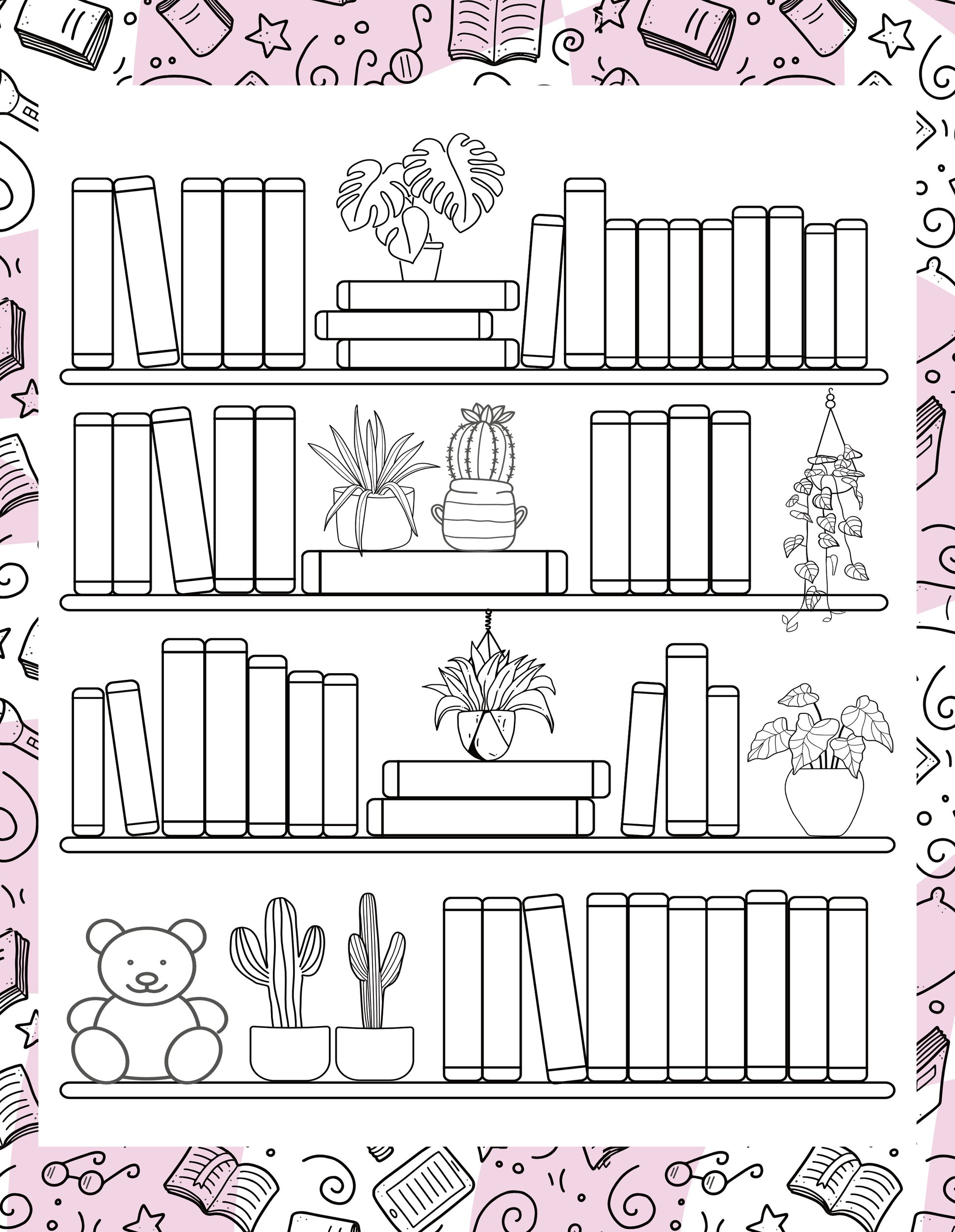 Coloring book page with a bookshelf design on a pink background