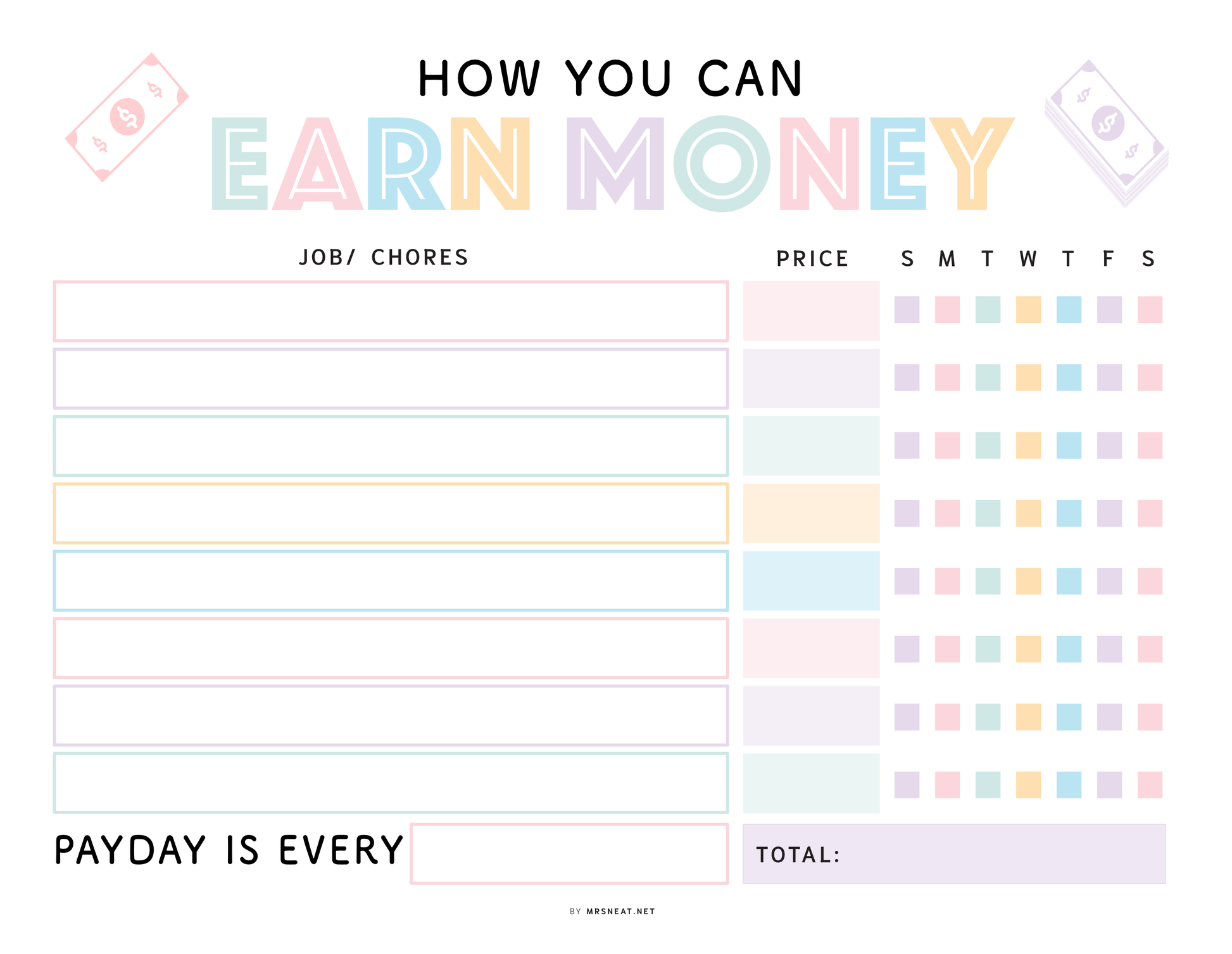 Money management worksheet with checkboxes and a schedule for earning money.