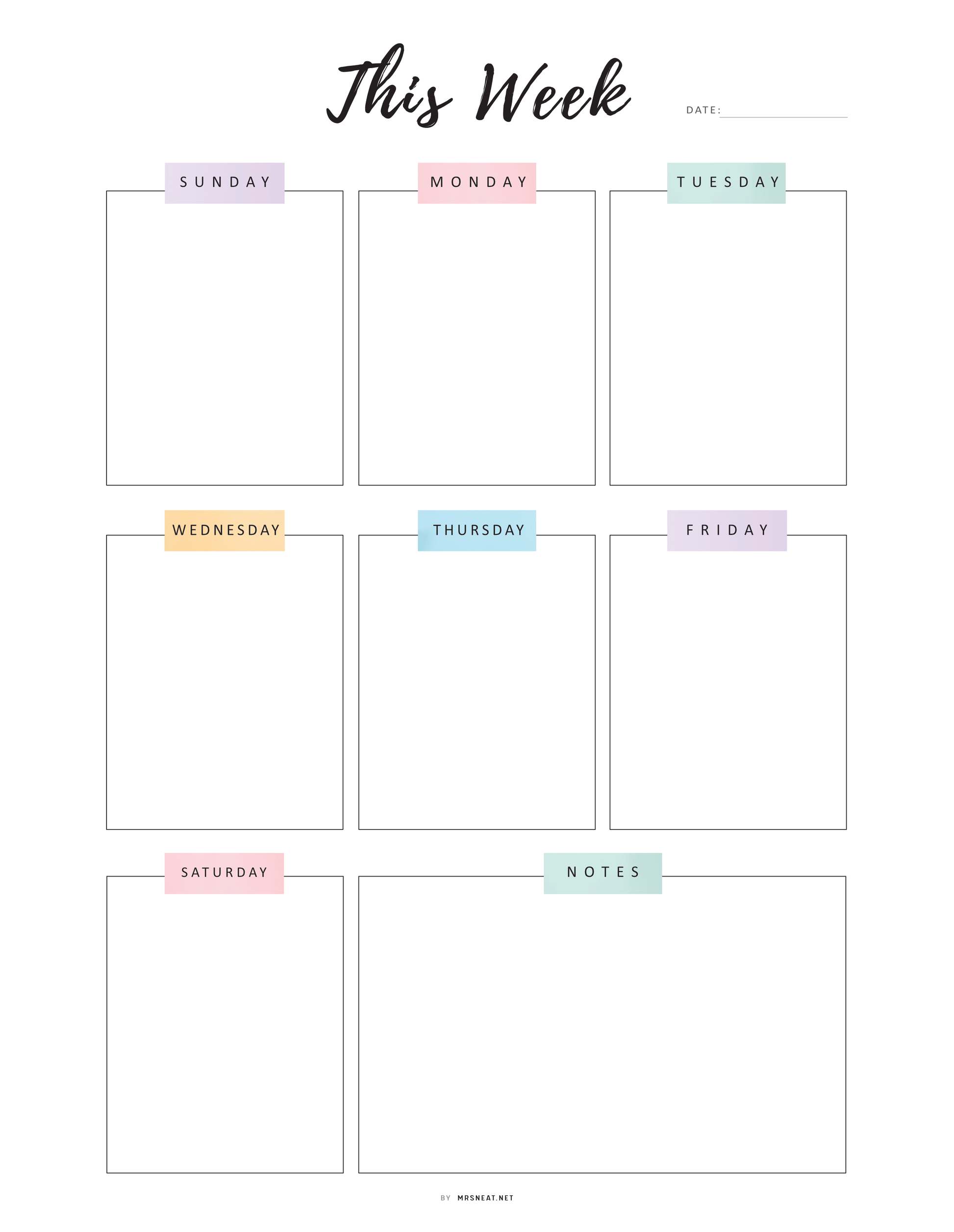 Weekly planner with days of the week labeled and a space for notes.