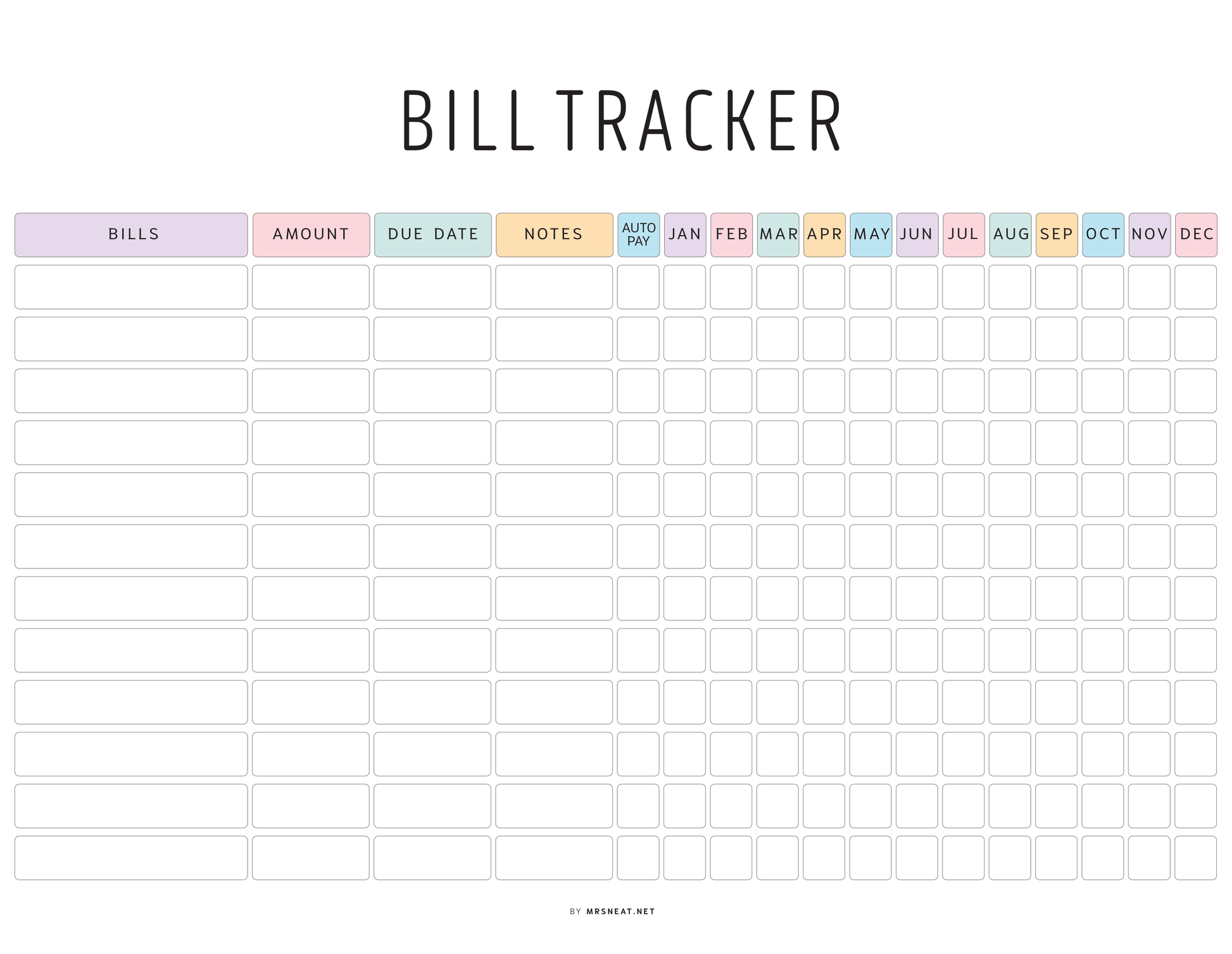 Colorful Yearly Bill Tracker Printable, Digital Planner, PDF Fillable, 2 Colors, Letter size