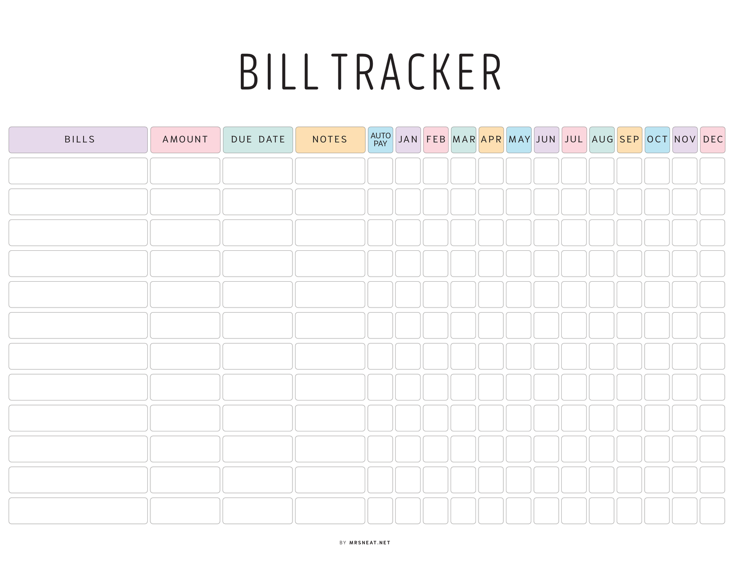 Bill tracker with columns for bills, amount, due date, and notes on a white background