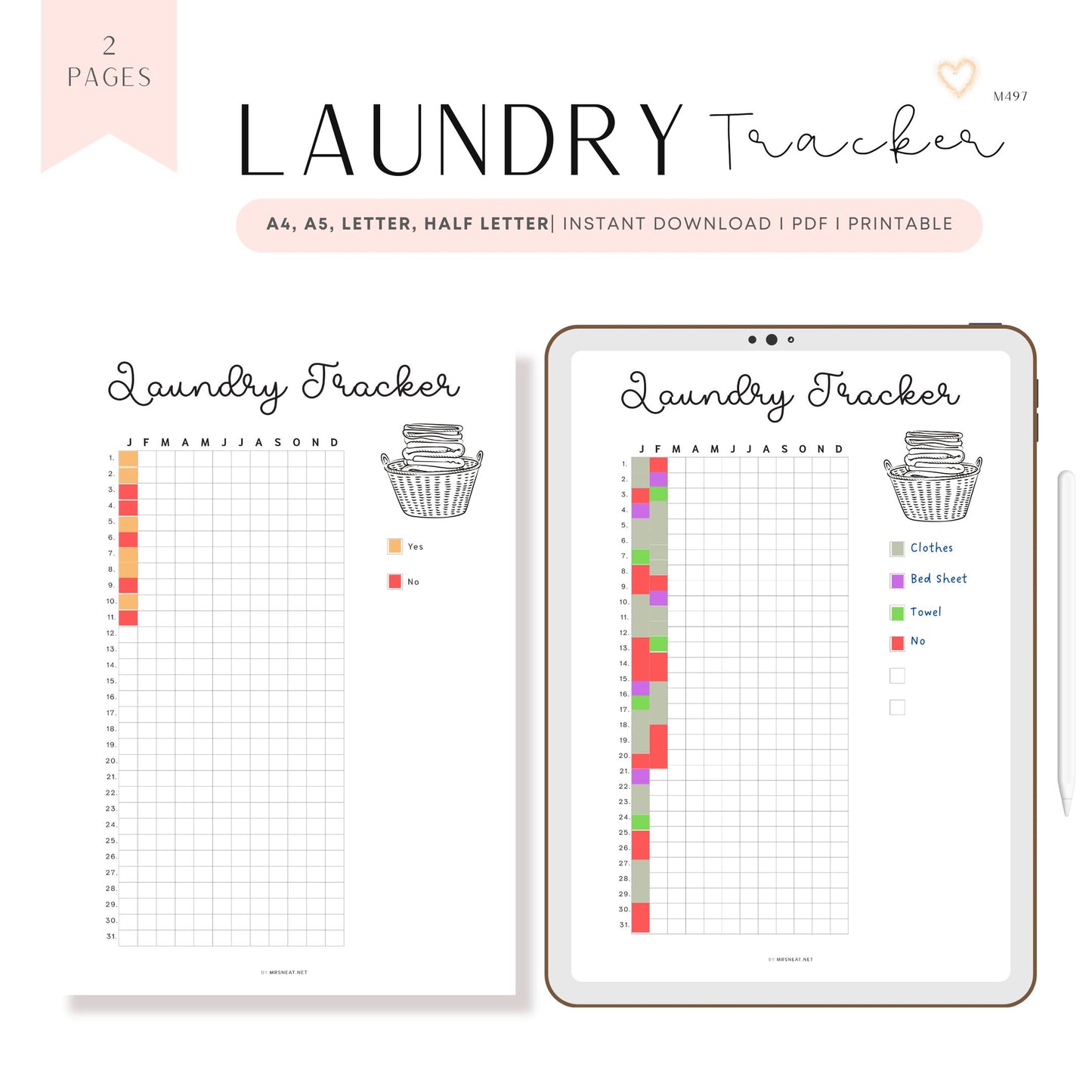 Laundry Tracker Template Printable PDF, Minimalist, Daily Planner, Yearly Planner, Monthly Planner, A4, A5, Letter, Half Letter, Digital Planner, 2 versions