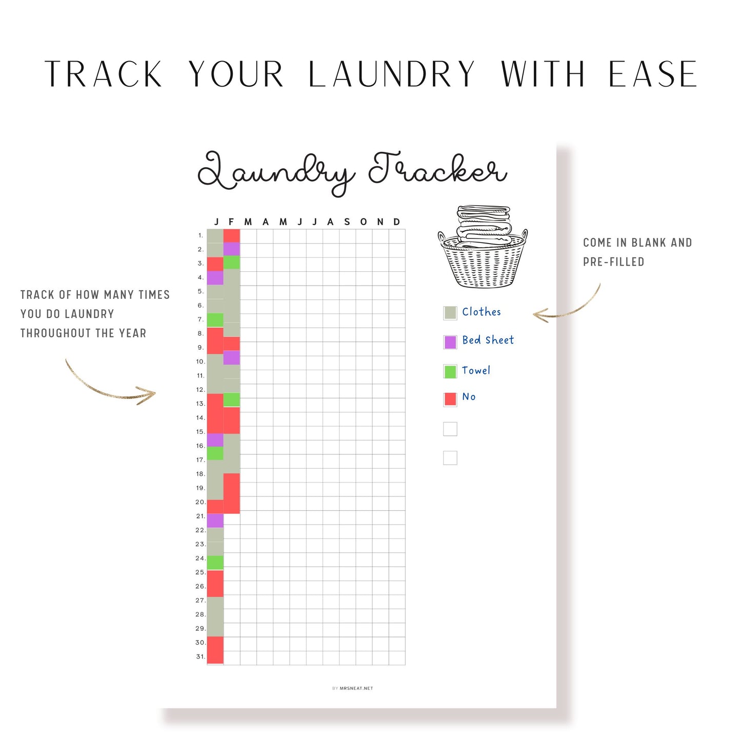 Laundry Tracker Template Printable PDF, Minimalist, Daily Planner, Yearly Planner, Monthly Planner, A4, A5, Letter, Half Letter, Digital Planner, 2 versions