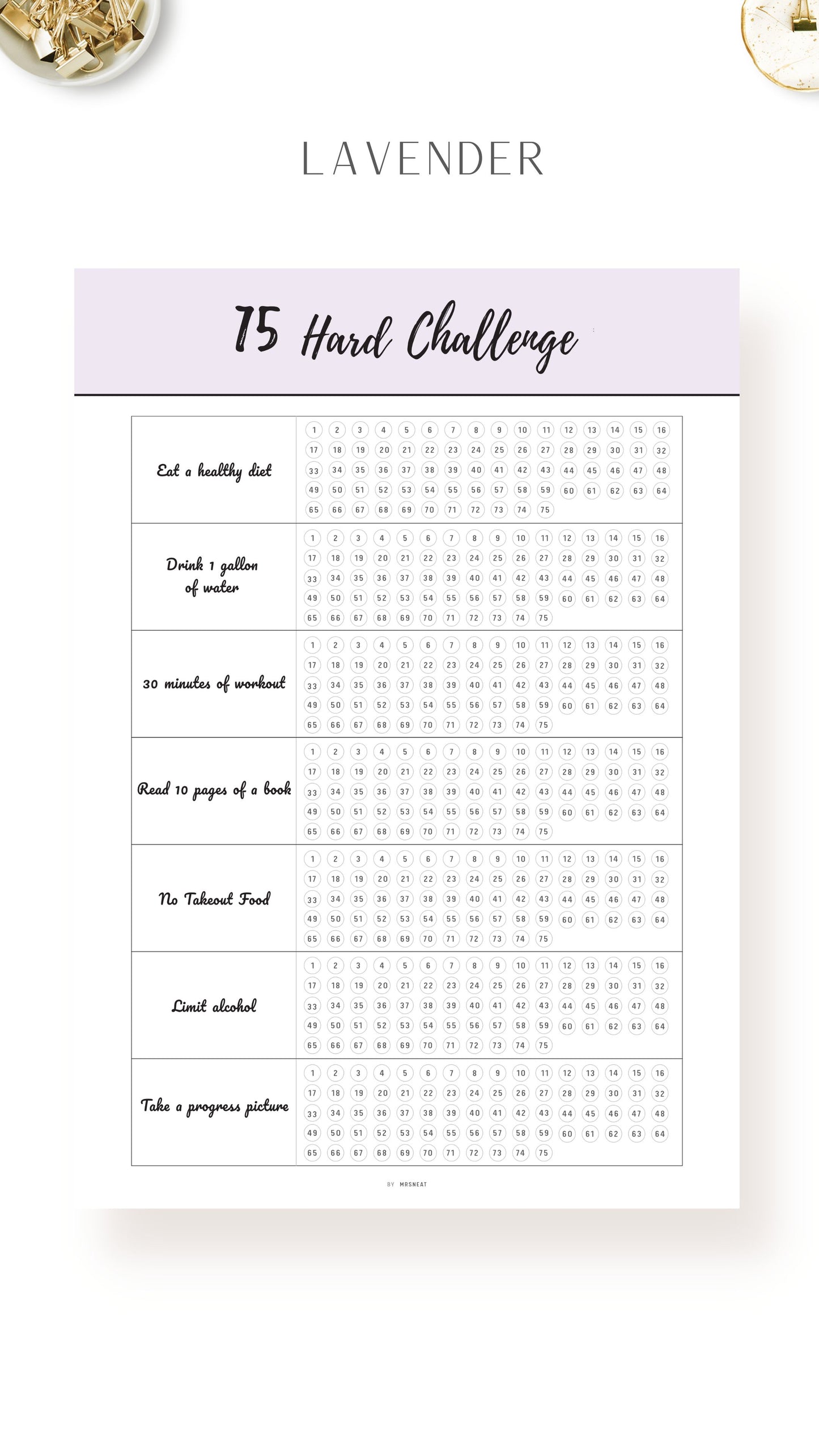 Lavender Printable 75 Hard Challenge Template