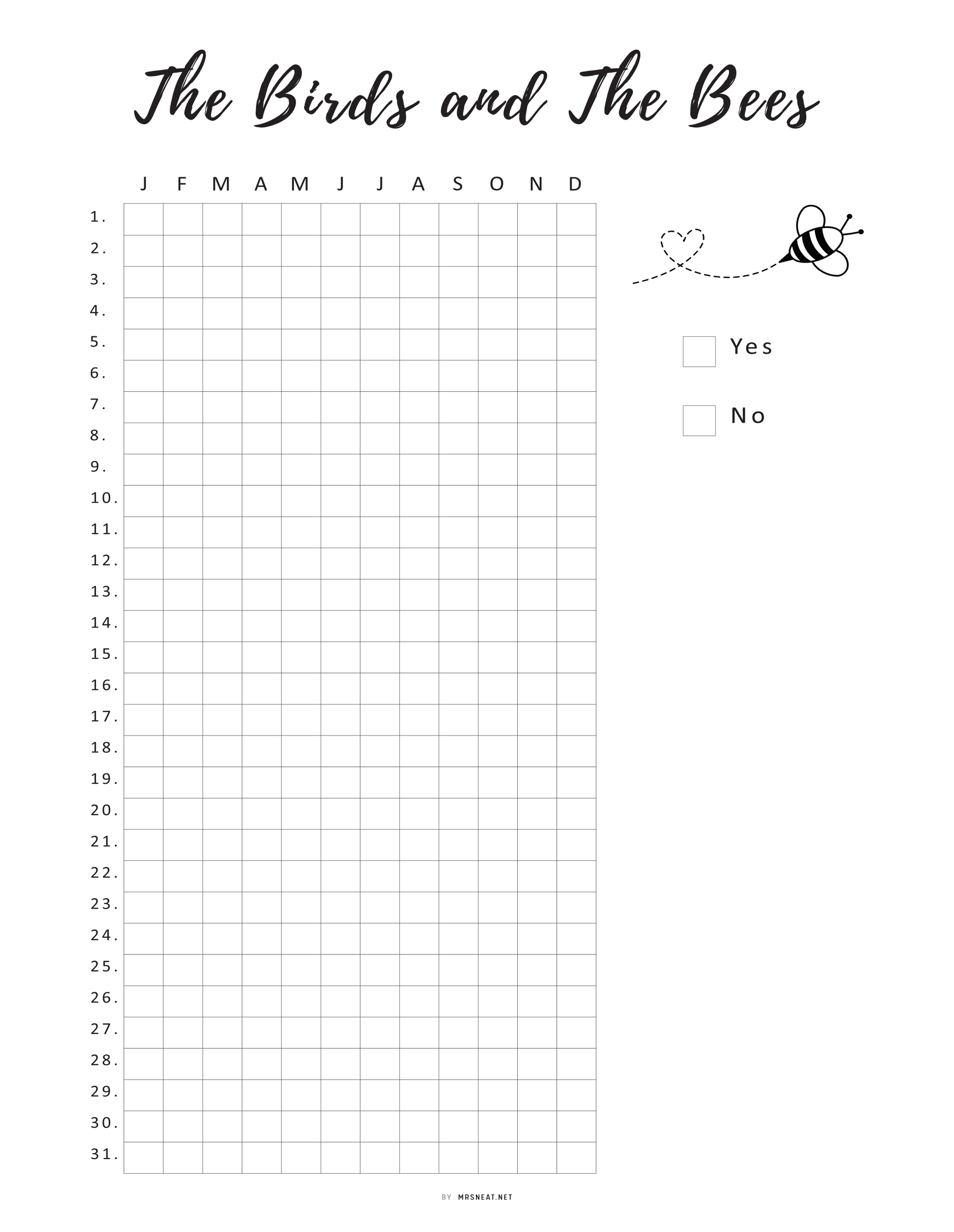 Intimacy Tracker Template Printable, Sex Tracker, Intimacy Tracker, The Birds and The Bees Tracker Template, Sexual Health Tracker, Love Tracker, PDF, A4, A5, Letter, Half Letter, 2 versions