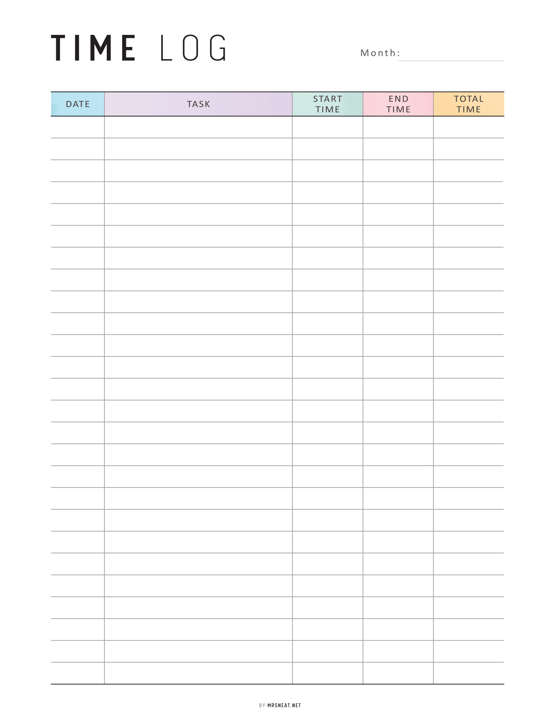 Time log sheet with columns for date, task, start time, end time, and total time.