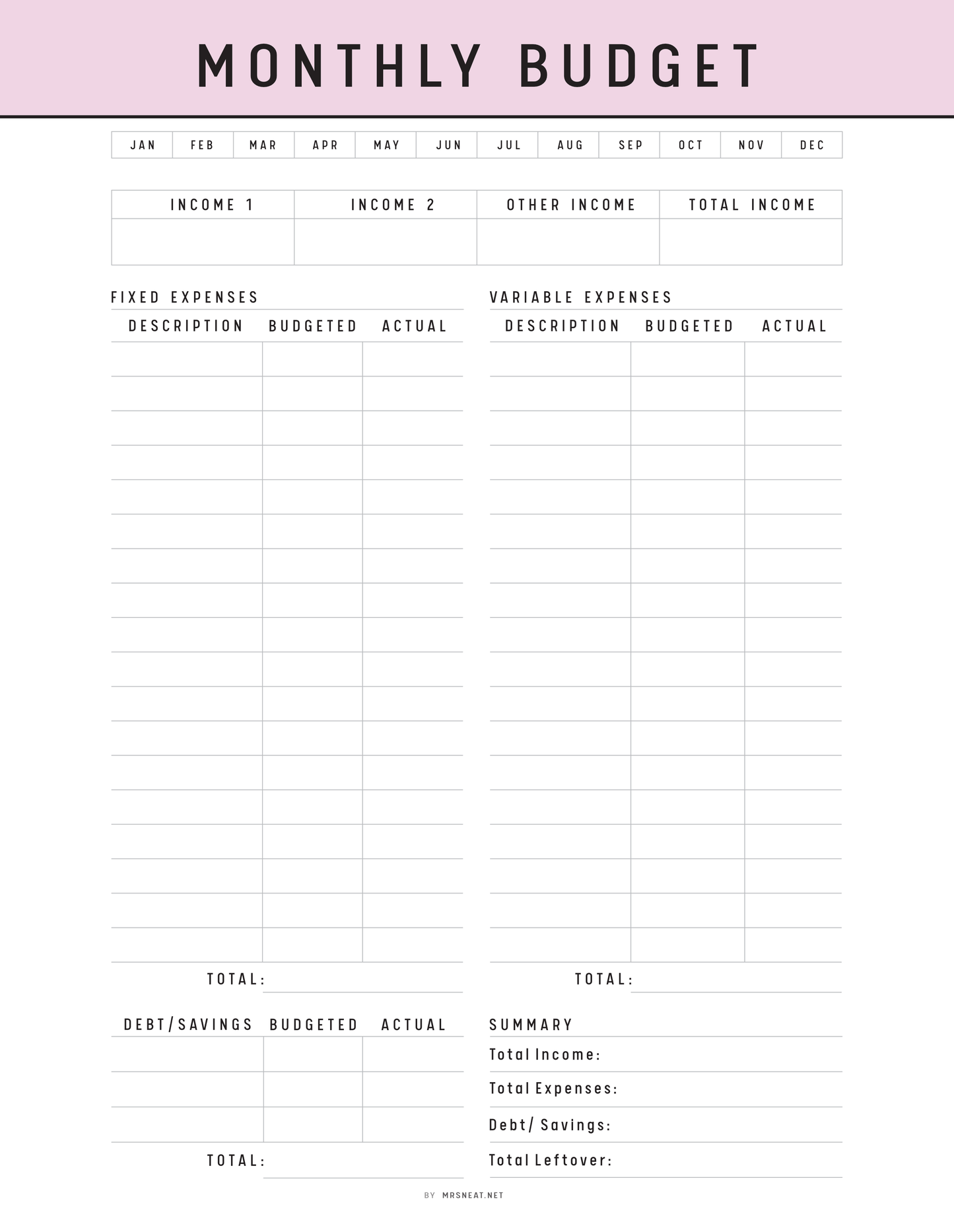 Monthly Budget Template Printable