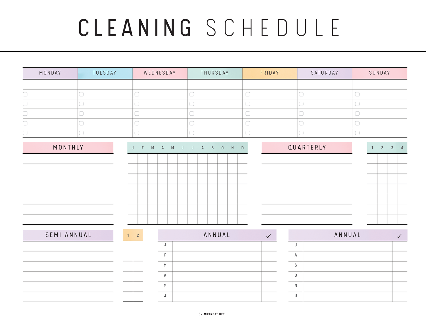Cleaning schedule template with colorful days of the week and checkboxes for tasks.