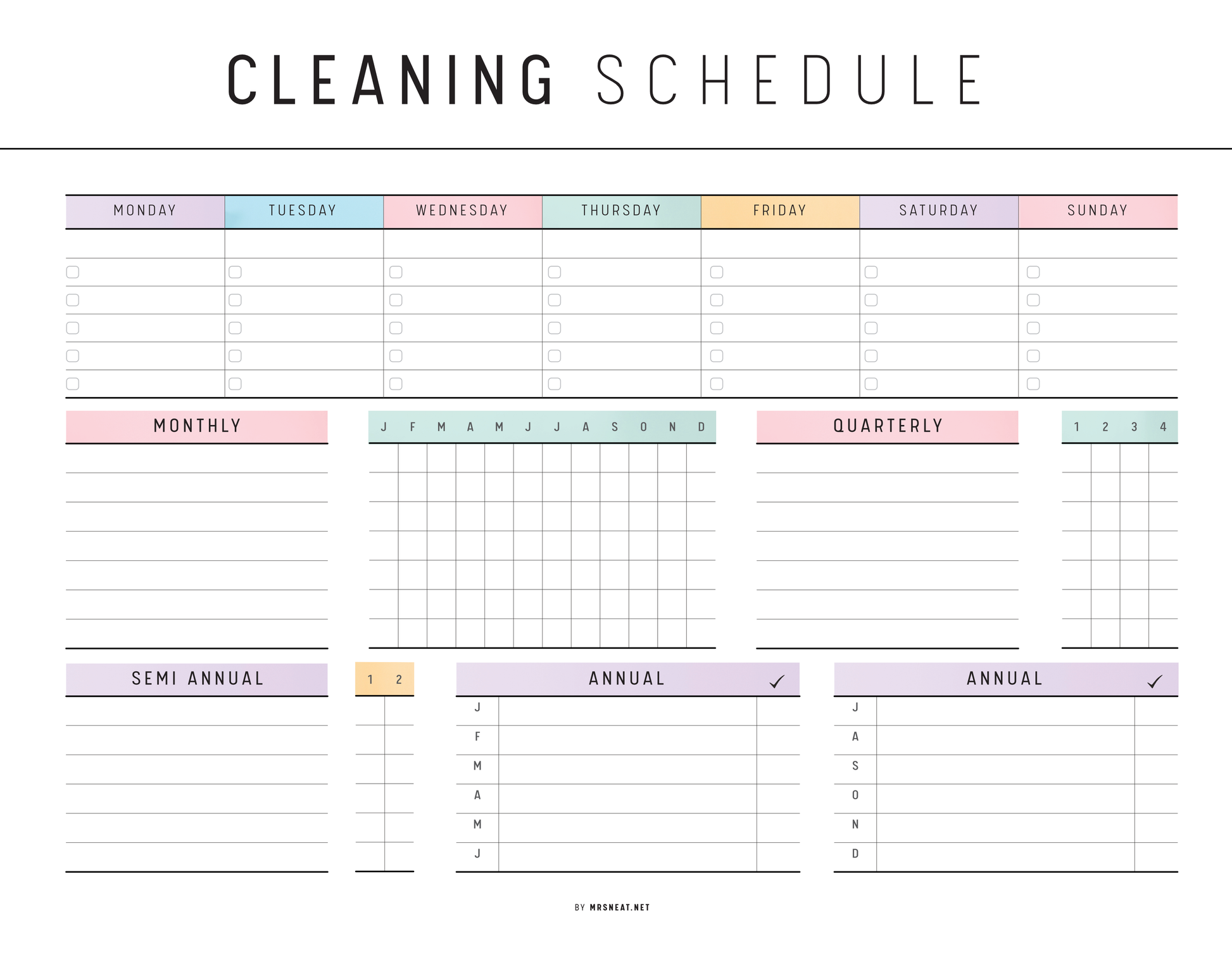 Cleaning schedule template with colorful days of the week and checkboxes for tasks.