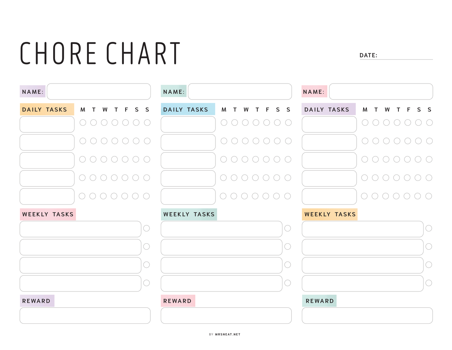 Blank chore chart with sections for daily, weekly, and reward tasks on a white background.