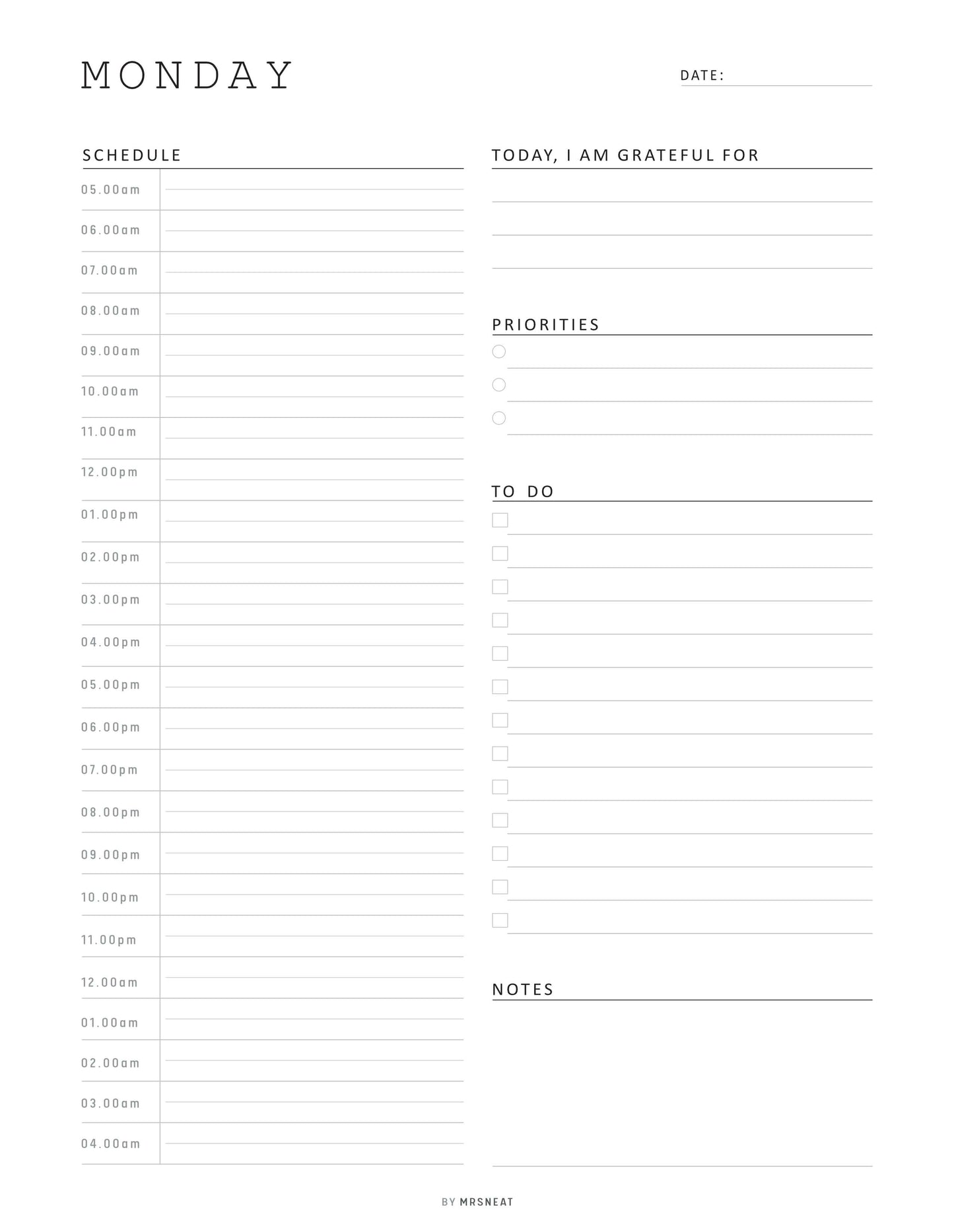 Minimalist Daily Half Hour Planner, Sunday to Monday, Digital & Printables, A4, A5, Letter, Half Letter Monday Letter size