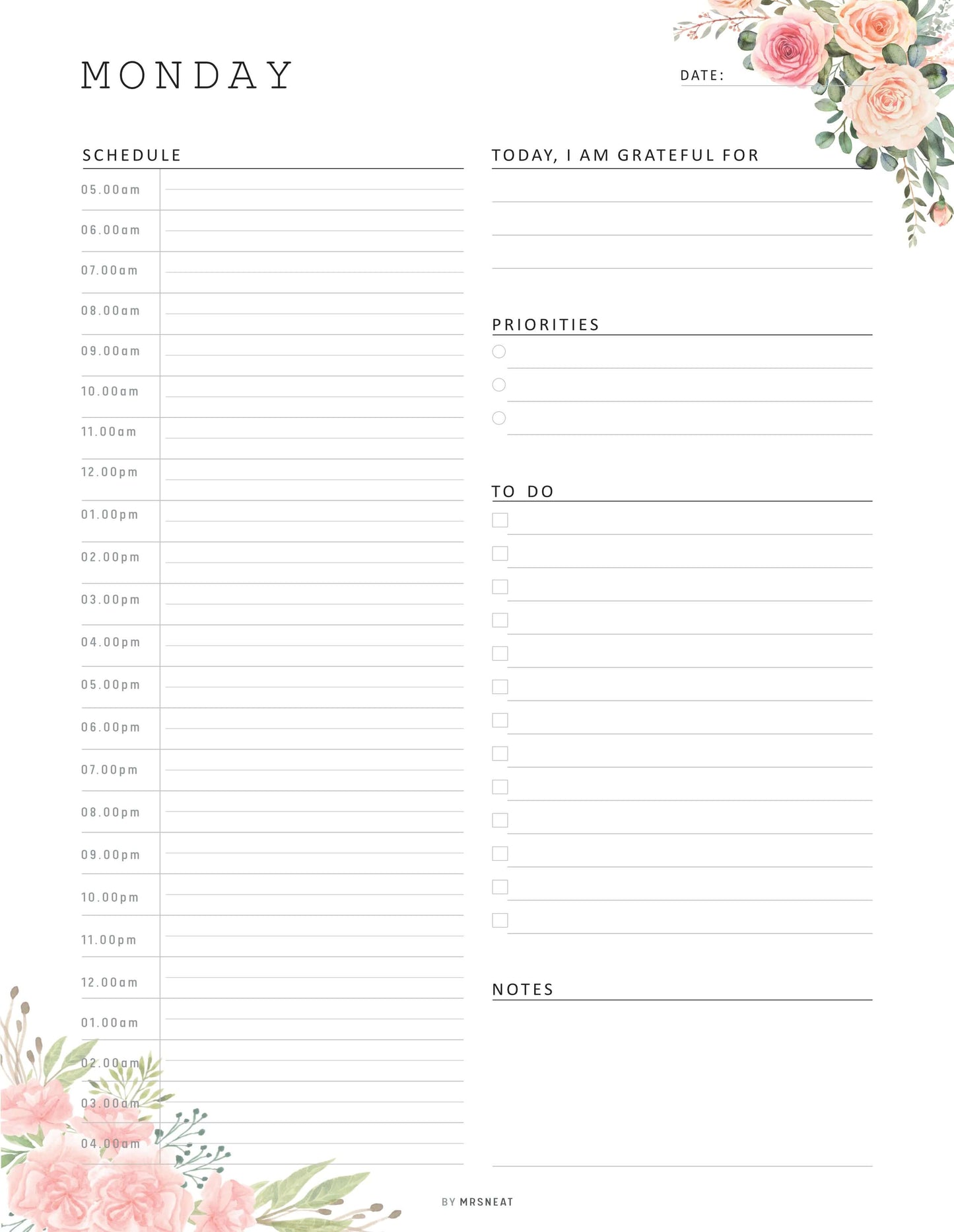 Floral Half Hour Daily Planner Monday to Sunday 7 Pages, Monday Letter size