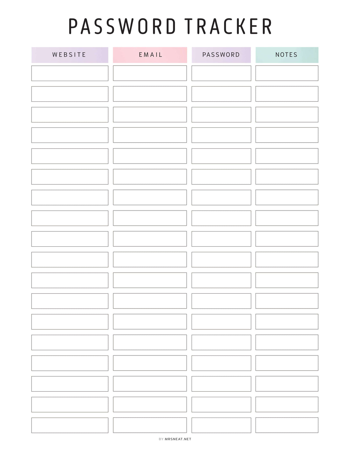 FILLABLE Password Tracker Template PRINTABLE - M483 – mrsneat