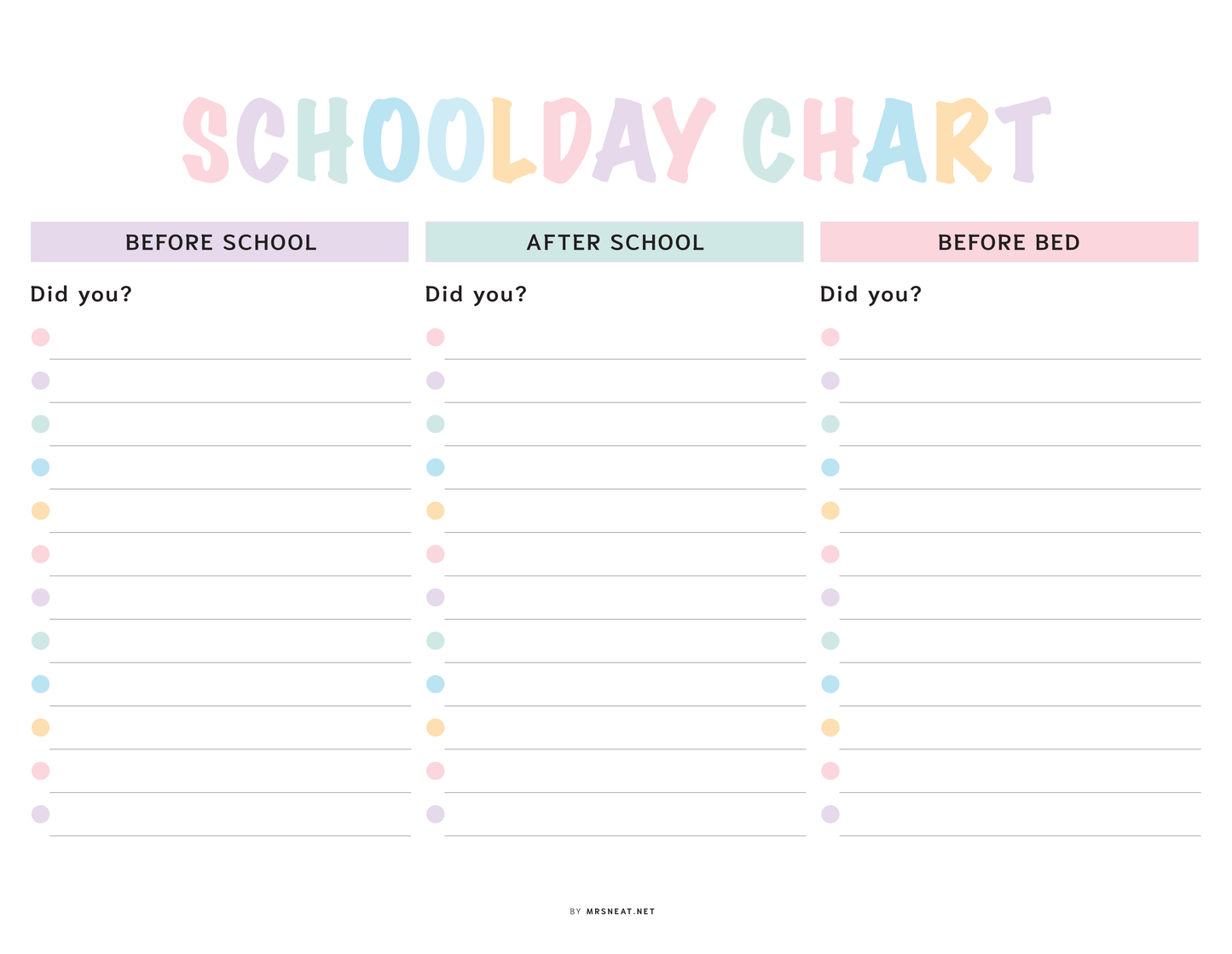 Printable School day chart, landscape, fillable pdf, editable pdf